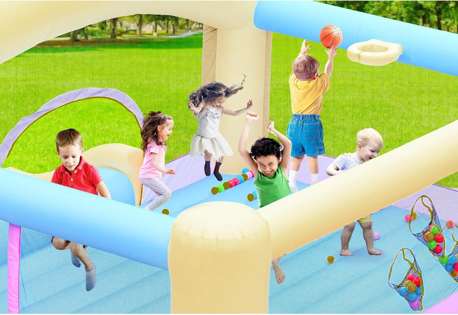 Large Bounce House for Big Kids, 14.8 x 14.5 FT Inflatable Bouncer Jumper Slide with 650W Blower, Basketball Hoop, Throw Ball Game, Ball Pits (Yellow, 177" L x 174" W x 94" H)