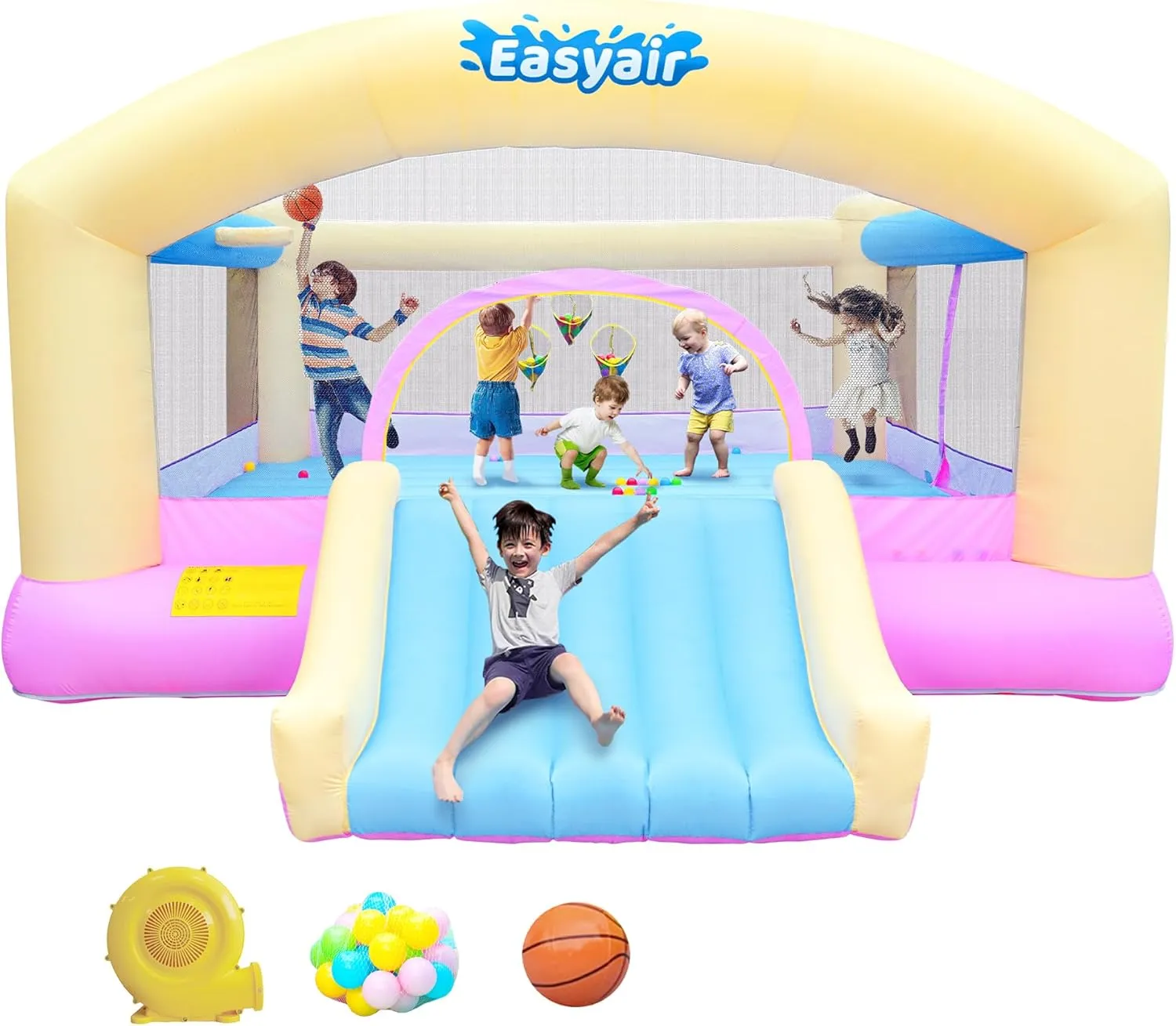 Large Bounce House for Big Kids, 14.8 x 14.5 FT Inflatable Bouncer Jumper Slide with 650W Blower, Basketball Hoop, Throw Ball Game, Ball Pits (Yellow, 177" L x 174" W x 94" H)