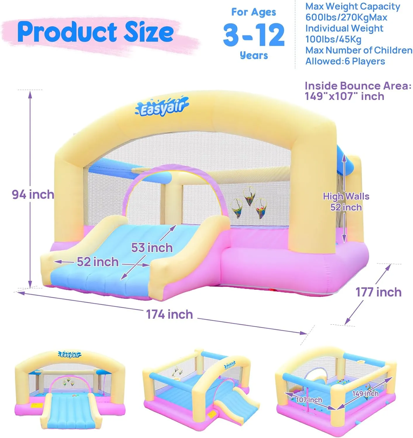 Large Bounce House for Big Kids, 14.8 x 14.5 FT Inflatable Bouncer Jumper Slide with 650W Blower, Basketball Hoop, Throw Ball Game, Ball Pits (Yellow, 177" L x 174" W x 94" H)