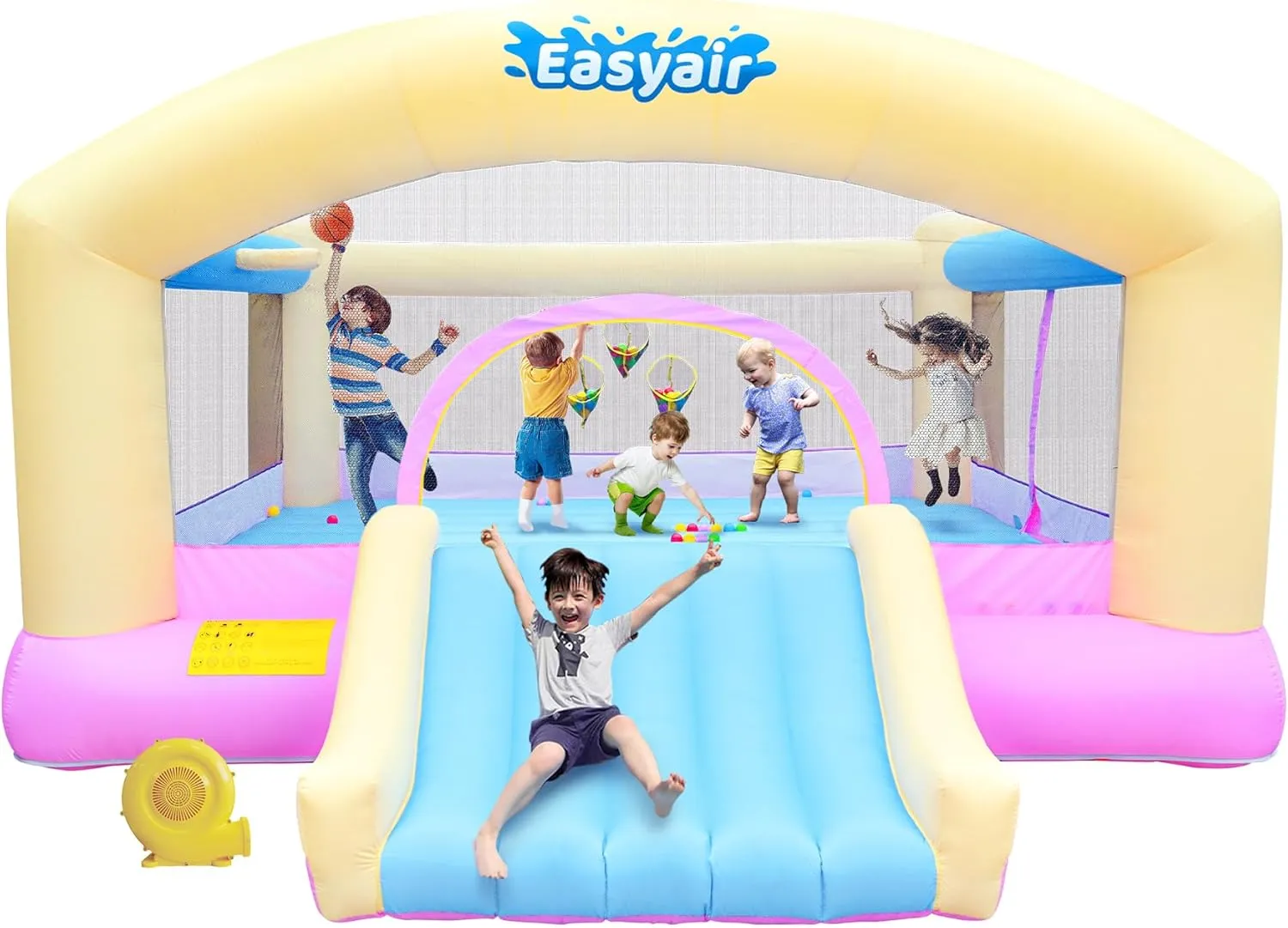 Large Bounce House for Big Kids, 14.8 x 14.5 FT Inflatable Bouncer Jumper Slide with 650W Blower, Basketball Hoop, Throw Ball Game, Ball Pits (Yellow, 177" L x 174" W x 94" H)