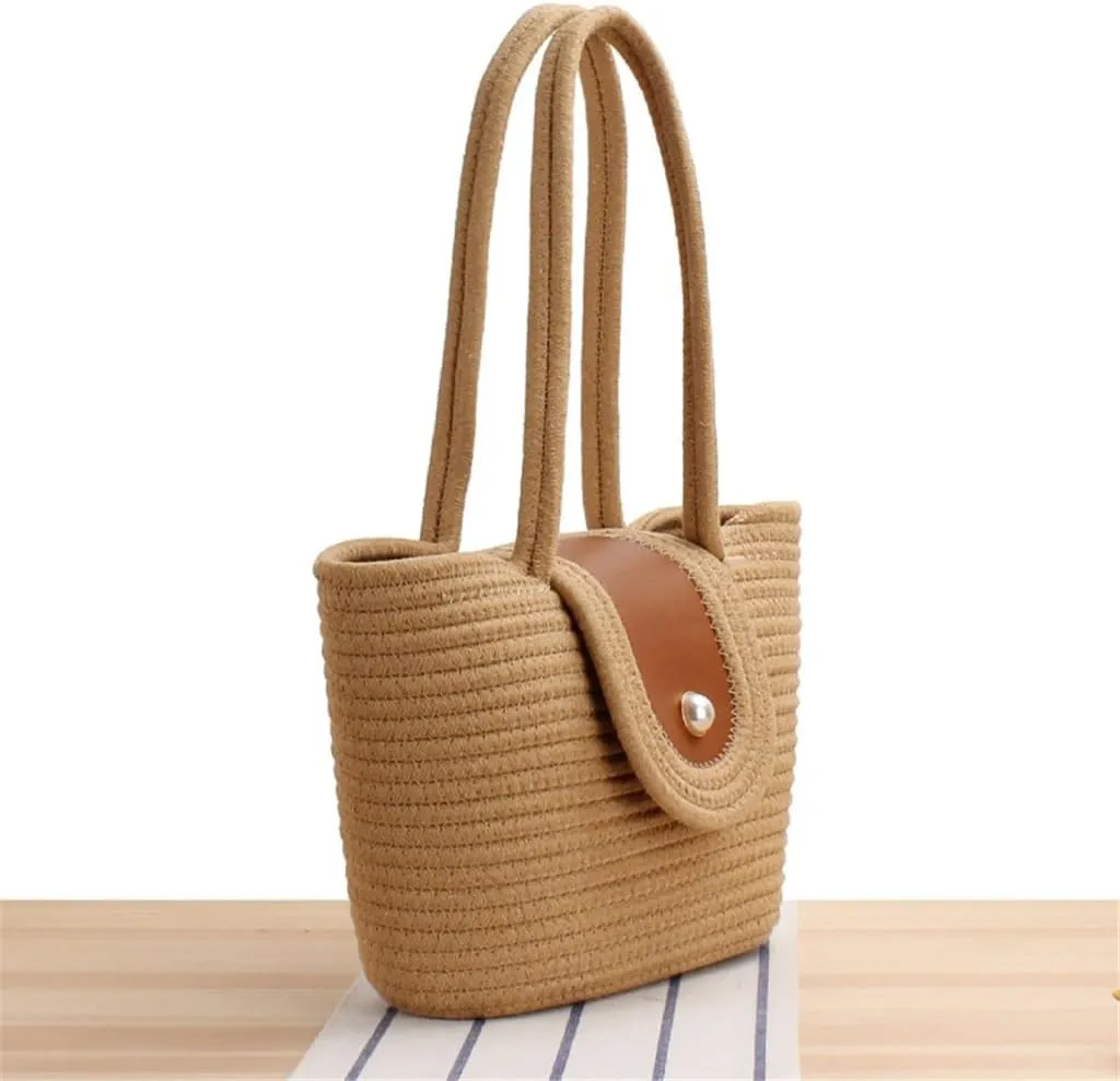 Large Capacity Woven Tote Vegetable Basket Bag Island Photo Cotton Rope Beach Bag