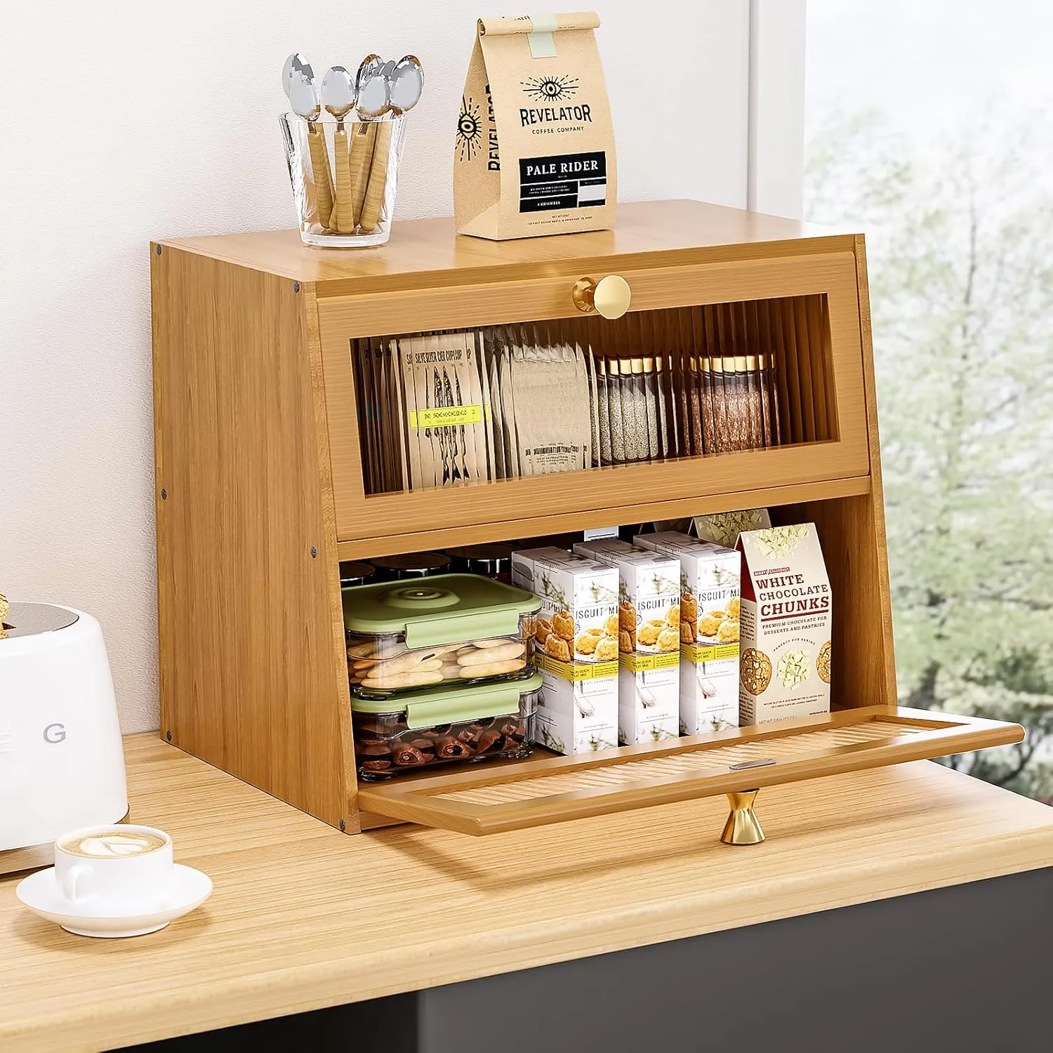 Large Double Layer Bamboo Bread Box for Kitchen Countertop，Bread Storage Container Farmhouse BreadBox Bread Holder Bin (Natural bamboo)