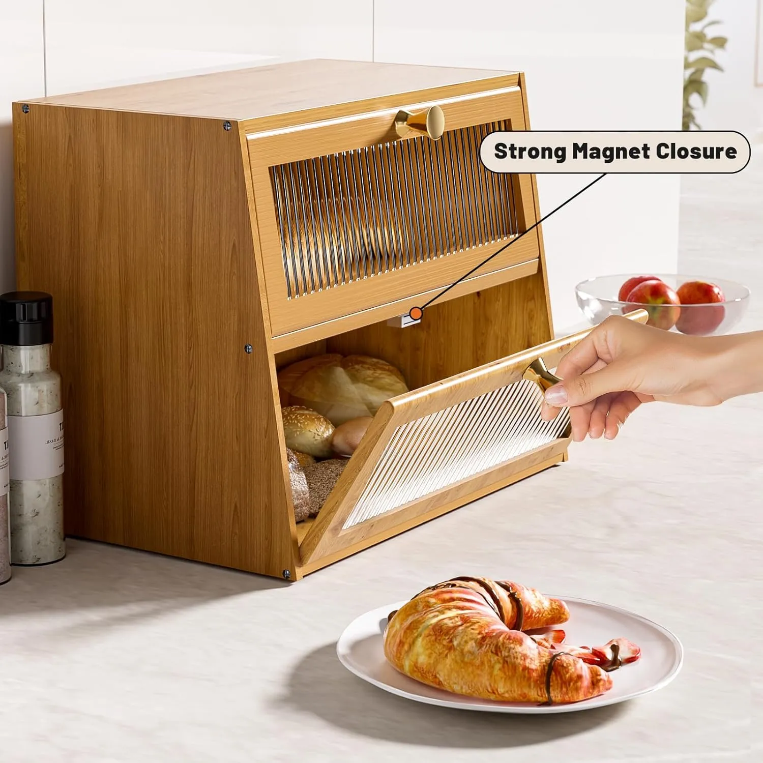 Large Double Layer Bamboo Bread Box for Kitchen Countertop，Bread Storage Container Farmhouse BreadBox Bread Holder Bin (Natural bamboo)