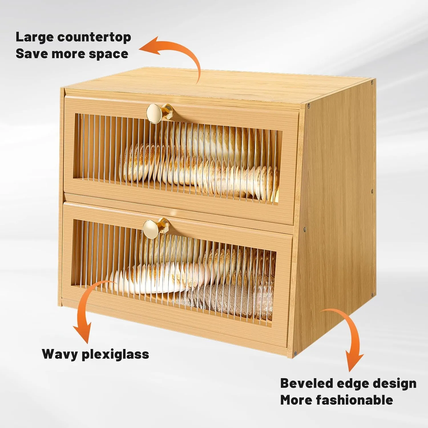 Large Double Layer Bamboo Bread Box for Kitchen Countertop，Bread Storage Container Farmhouse BreadBox Bread Holder Bin (Natural bamboo)