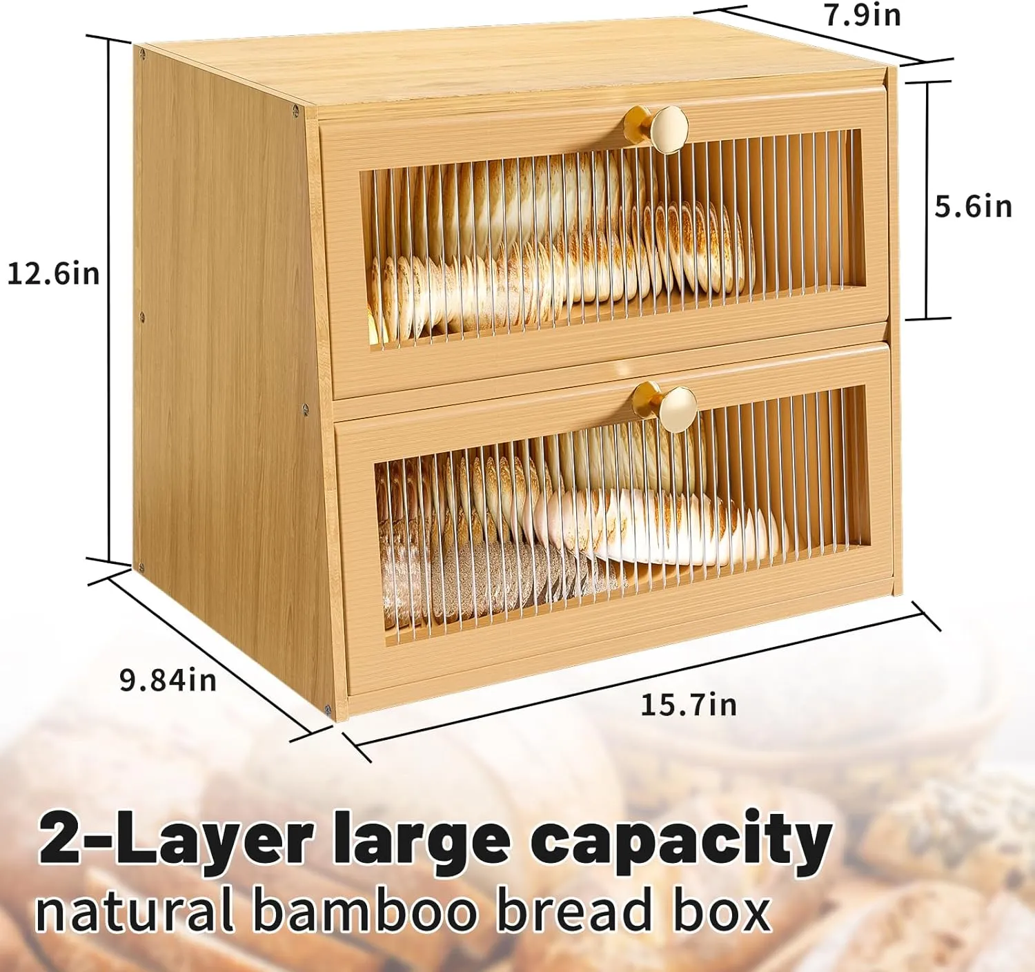 Large Double Layer Bamboo Bread Box for Kitchen Countertop，Bread Storage Container Farmhouse BreadBox Bread Holder Bin (Natural bamboo)