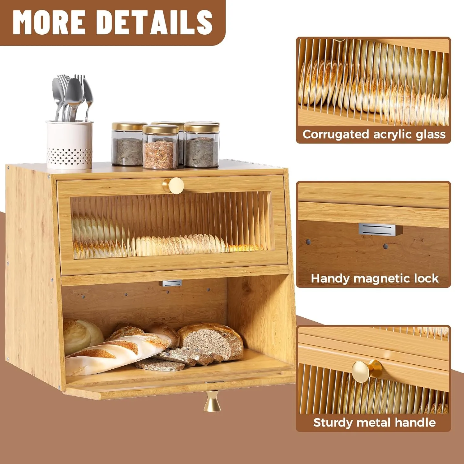 Large Double Layer Wooden Bread Box for Kitchen Countertop，Bread Storage Container Farmhouse BreadBox Bread Holder Bin (Natural bamboo)
