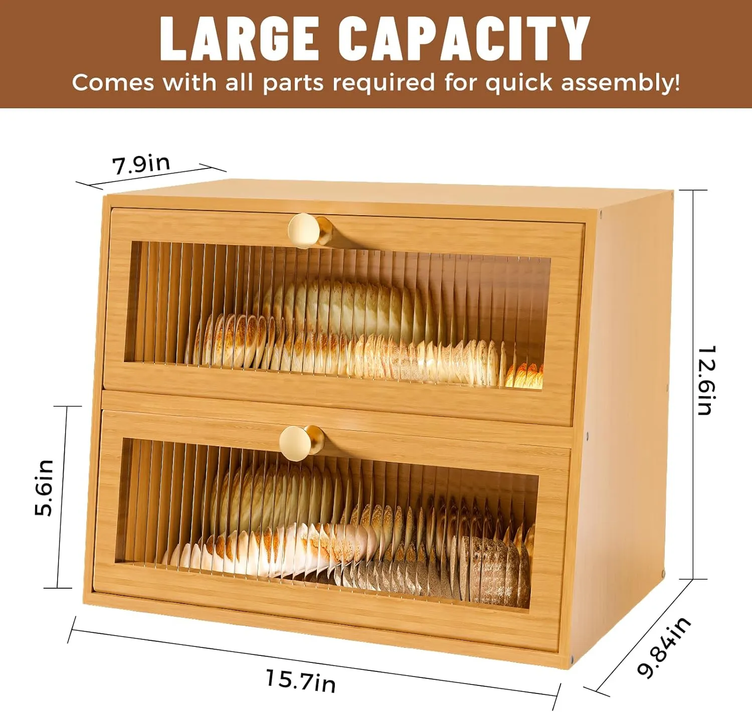 Large Double Layer Wooden Bread Box for Kitchen Countertop，Bread Storage Container Farmhouse BreadBox Bread Holder Bin (Natural bamboo)