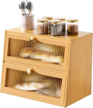 Large Double Layer Wooden Bread Box for Kitchen Countertop，Bread Storage Container Farmhouse BreadBox Bread Holder Bin (Natural bamboo)