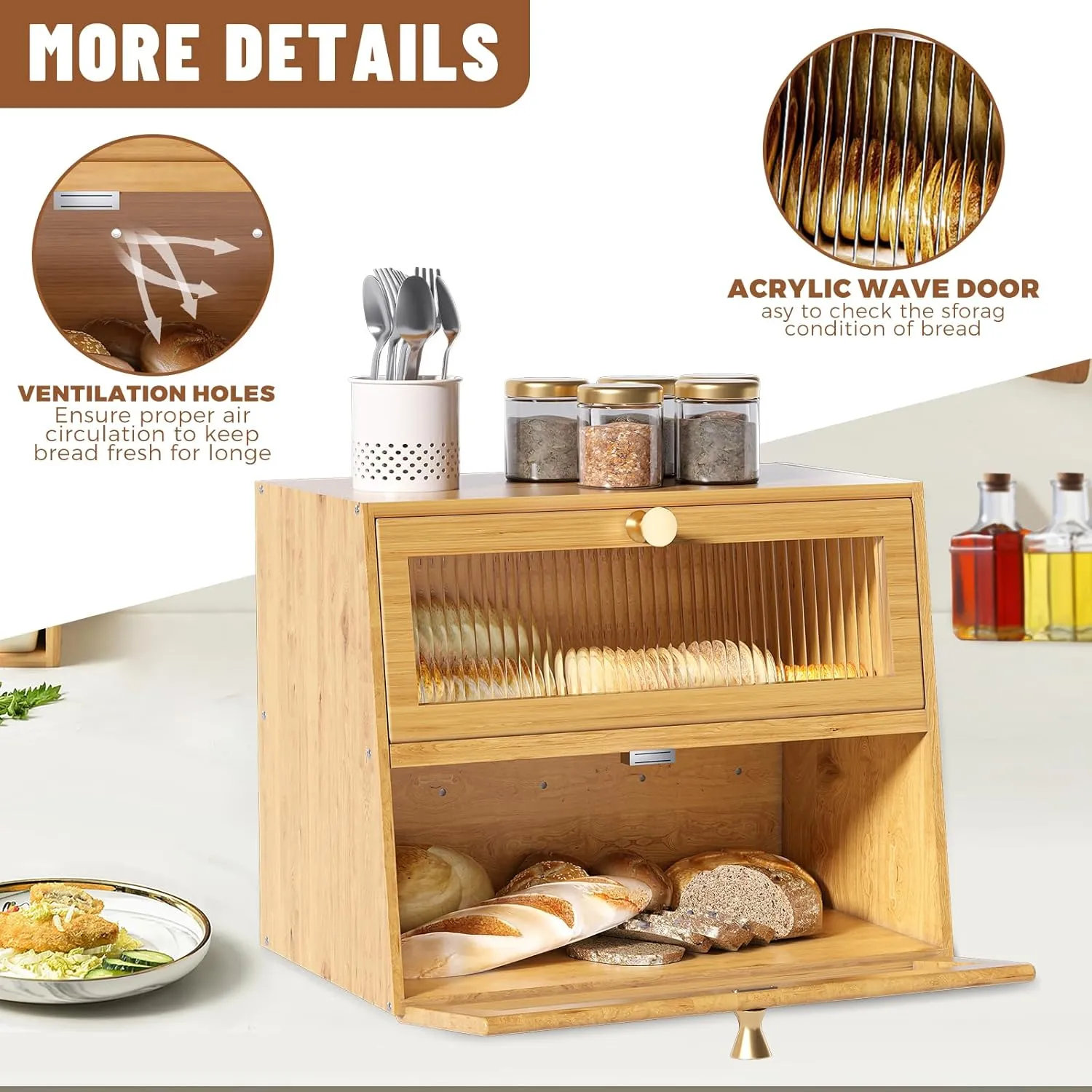 Large Double Layer Wooden Bread Box for Kitchen Countertop，Bread Storage Container Farmhouse BreadBox Bread Holder Bin (Natural bamboo)