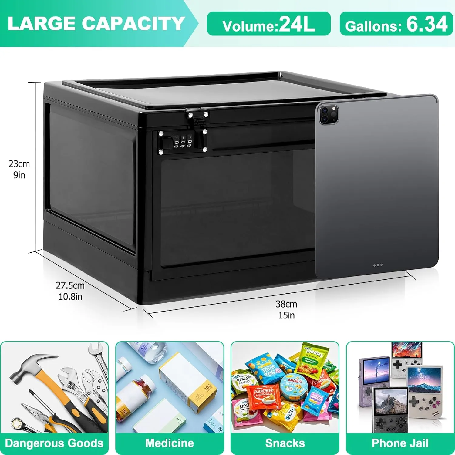 Large Medicine Lock Box with Dual 3-Digit Combination Locks, 24.8L Lockable Storage Box for Medication, Snacks, Phone, and Electronics - BPA-Free Organizer Bin for Home, Office, Fridge, and Safety