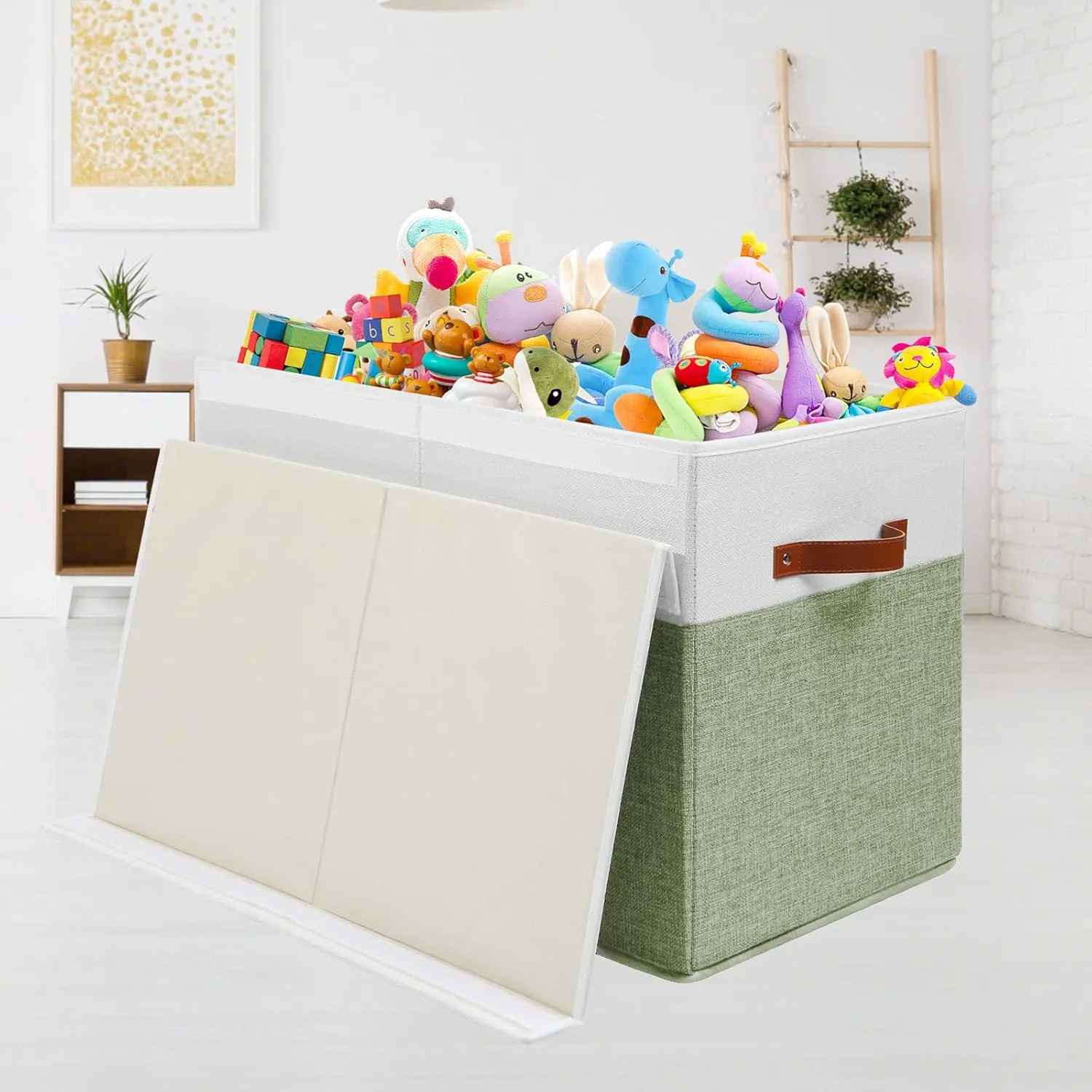 Large Toy Storage Box with Lid, Sturdy Toys Storage Chest Bin Organizer Basket with Dividers for Kids, Boys, Girls, Nursery, Closet, Bedroom, Playroom 25"x13" x16" (Green and White)