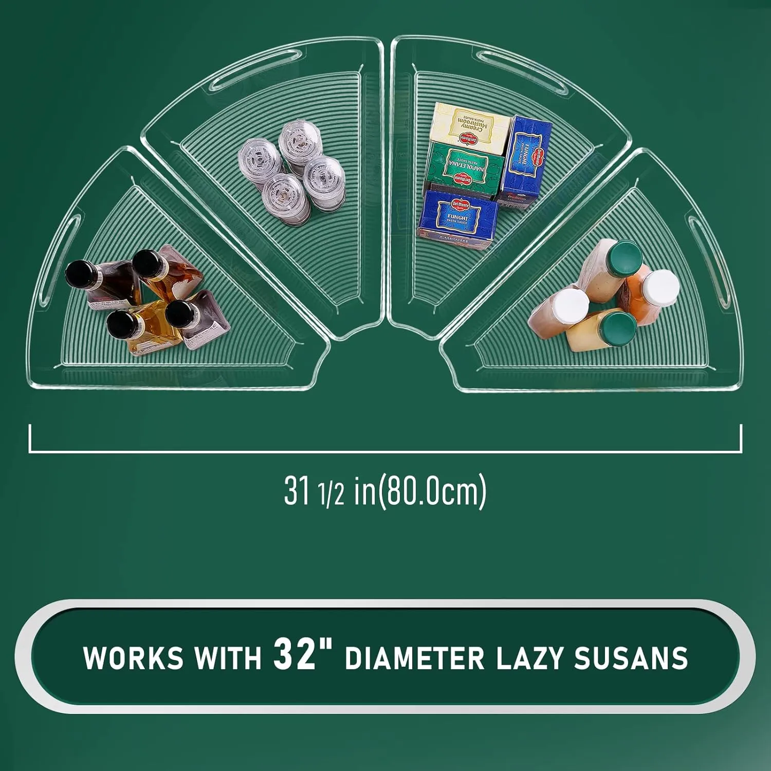 Lazy Susan Cabinet Organizer Bins for 26"/ 28"/ 32" Diameter Corner Organizer, Plastic Cabinet Storage Bin, 1/8 Wedge - Food Safe, BPA Free, with Non-Slip Pads (for 32" Diameter, 4 Pack)