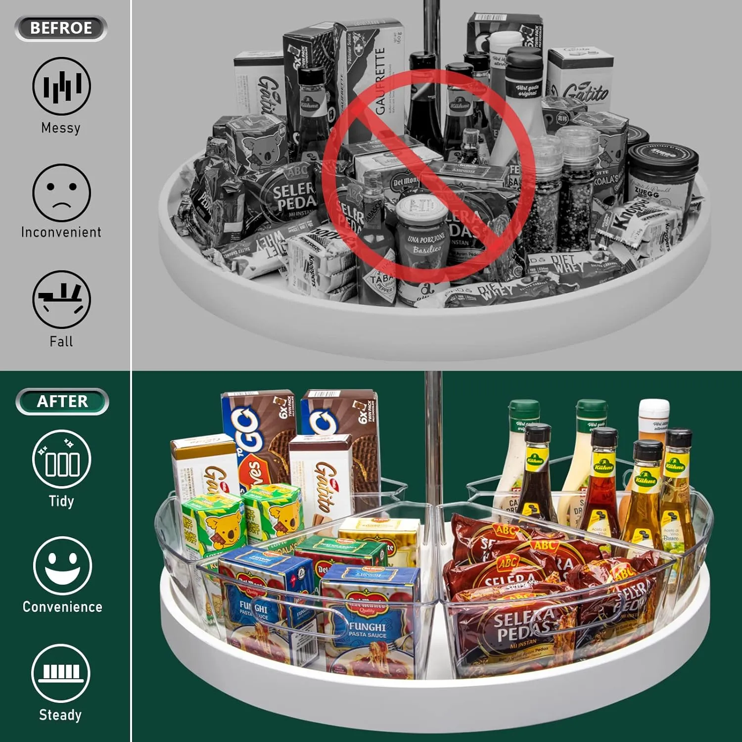 Lazy Susan Cabinet Organizer Bins for 26"/ 28"/ 32" Diameter Corner Organizer, Plastic Cabinet Storage Bin, 1/8 Wedge - Food Safe, BPA Free, with Non-Slip Pads (for 32" Diameter, 4 Pack)