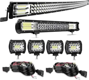LED Light Bar Kits TURBO SII 50 Inch 684W Curved 20 Inch 288W Triple Row Spot Flood Combo Offroad Led Bars 4Pcs 4 Inch 60W Led Pod Lights w/Wiring Kits for Trucks Jeep Ford Honda Polaris Ranger Boats