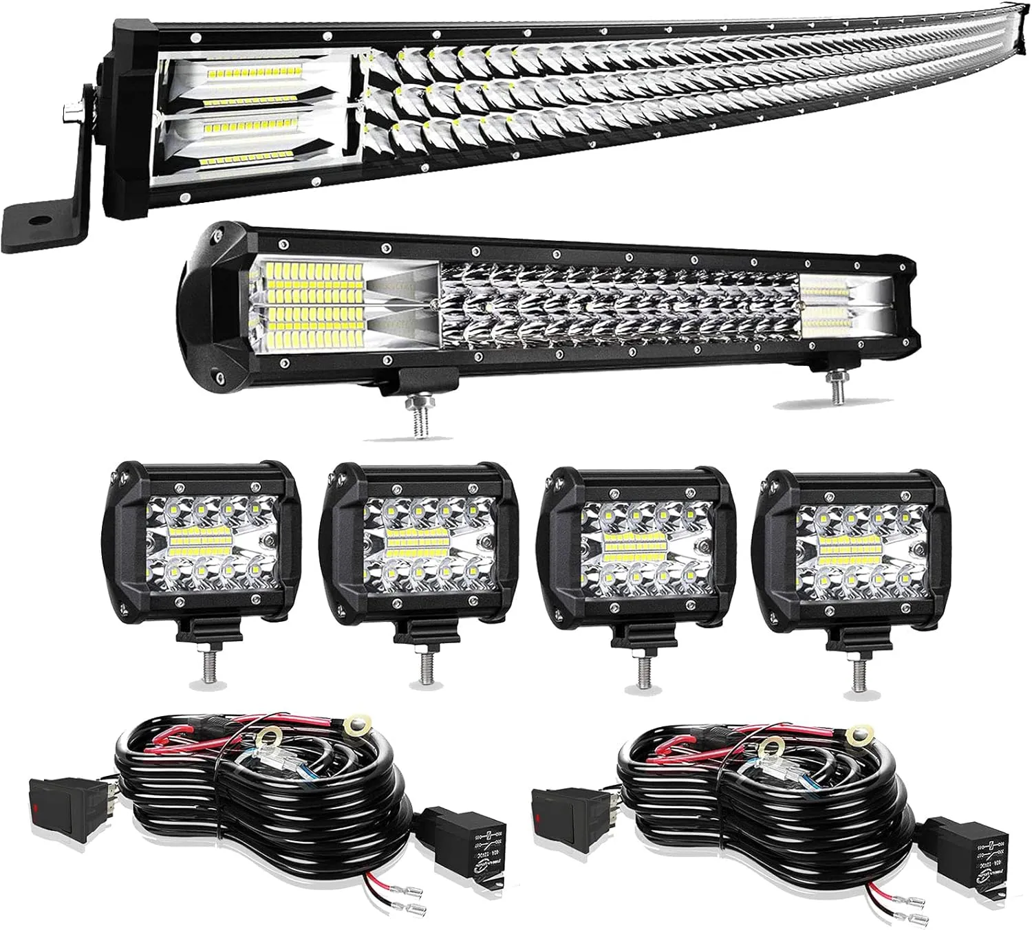 LED Light Bar Kits TURBO SII 50 Inch 684W Curved 20 Inch 288W Triple Row Spot Flood Combo Offroad Led Bars 4Pcs 4 Inch 60W Led Pod Lights w/Wiring Kits for Trucks Jeep Ford Honda Polaris Ranger Boats
