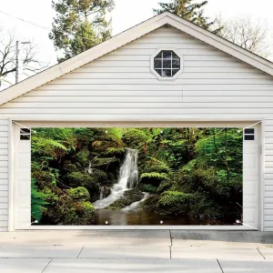 Leyiyi 7x16ft Jungle Forest Garage Door Decorations Evergreen Forest Jungle Rock Flowing Mountain Stream Rainforest Wall Door Banner Cover Outdoorsy Camping Theme Party Decorations Garage Door Cover