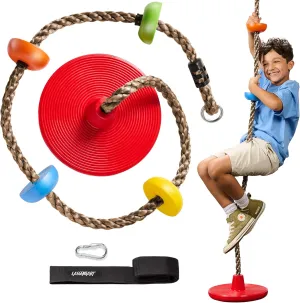LÆGENDARY Tree Swing for Kids - Single Disk Outdoor Climbing Rope with Platforms, Carabiner & 2.6 Ft Tree Strap - Playground Accessories - Multicolored