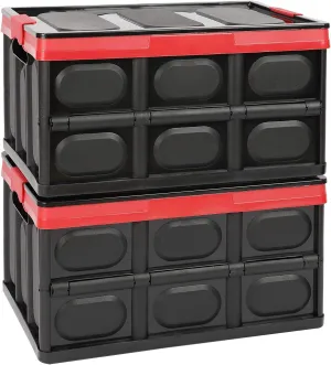 Lidded Storage Bins 2 Pack 30L Collapsible Storage Box Crates Plastic Tote Storage Box Container Stackable Folding Utility Crates for Clothes Books,Snack, Fruits Vegetables Grocery Storage Bin-Black