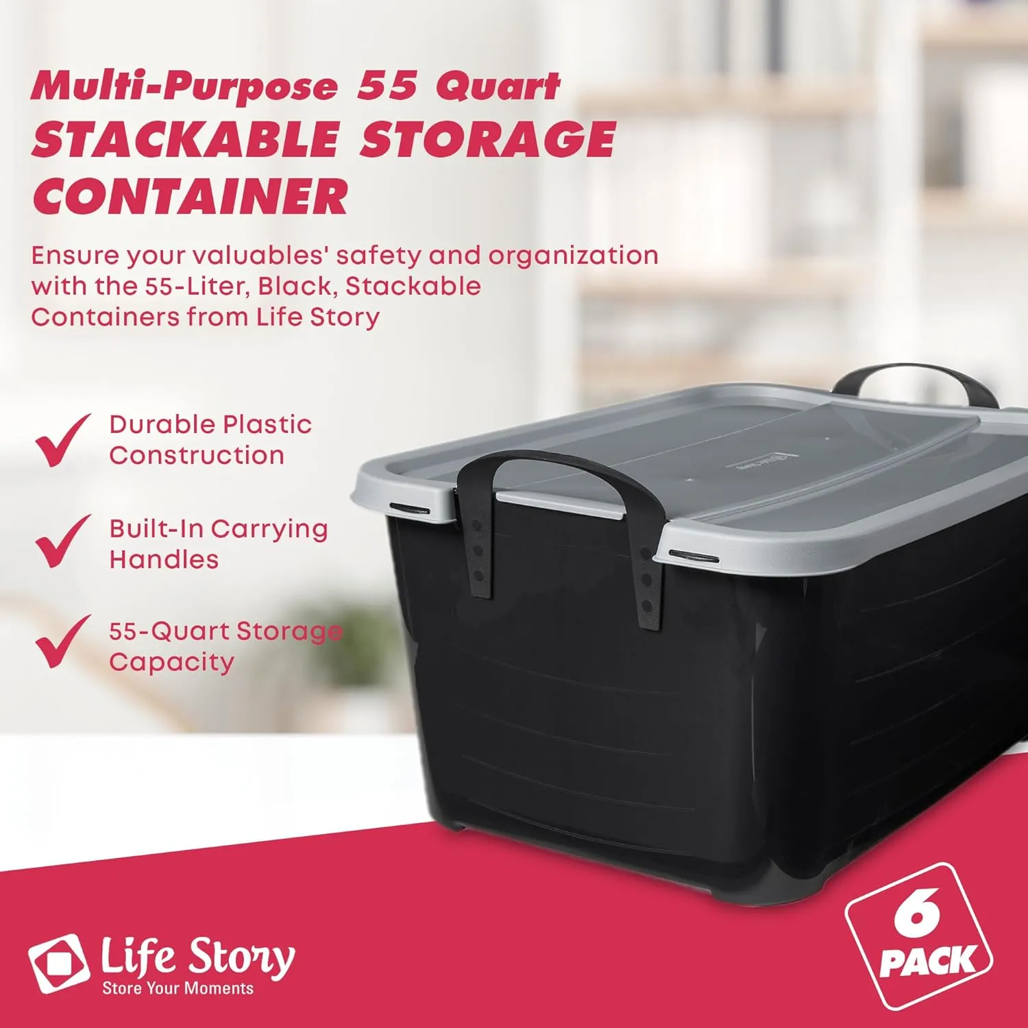 Life Story 6-Pack Plastic Storage Bins with Lids, Black & Gray, 55 Quart - Stackable, Heavy-Duty Tote Containers for Home, Garage or Moving, Secure Snap-Lock Lid & Built-In Handles for Easy Carrying