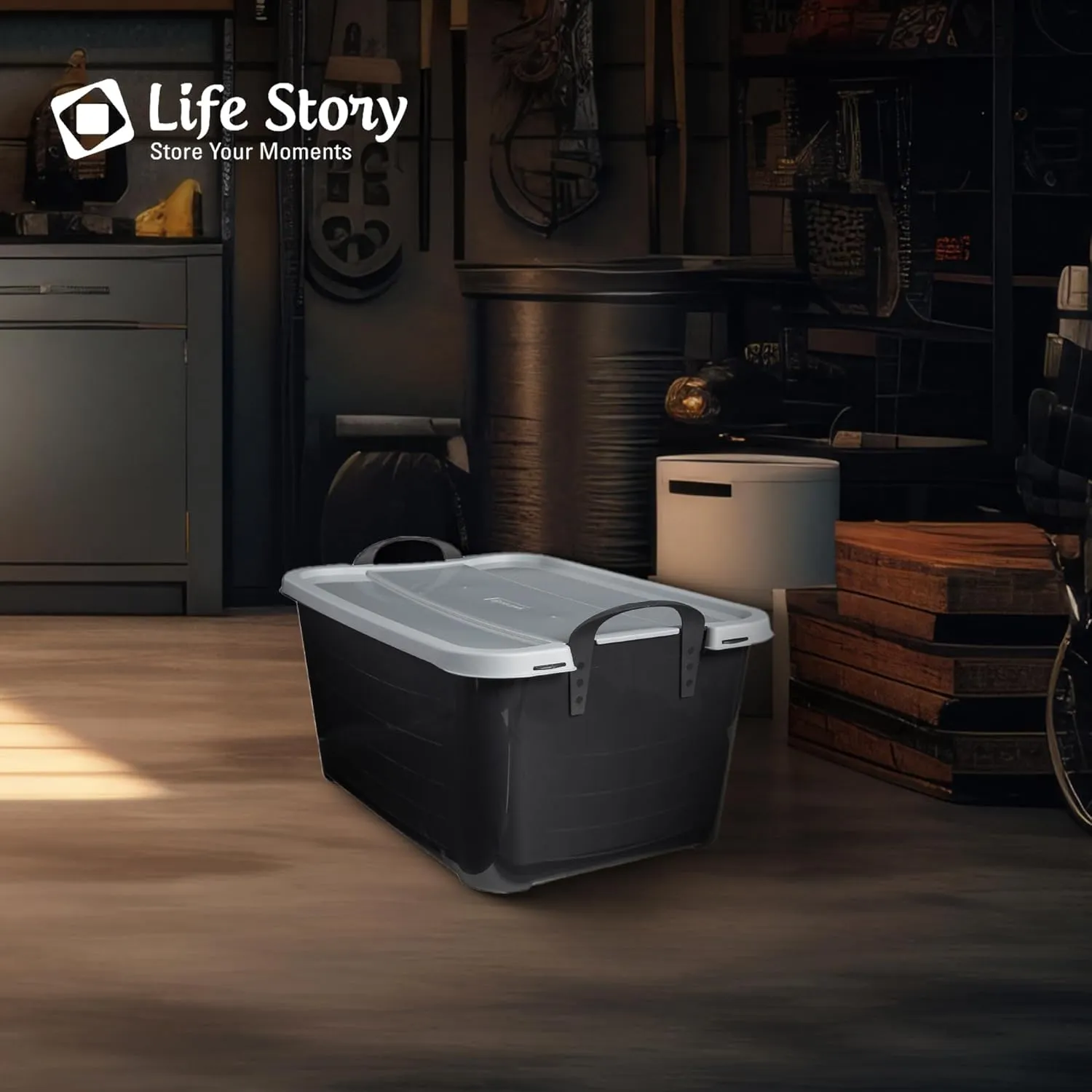 Life Story 6-Pack Plastic Storage Bins with Lids, Black & Gray, 55 Quart - Stackable, Heavy-Duty Tote Containers for Home, Garage or Moving, Secure Snap-Lock Lid & Built-In Handles for Easy Carrying