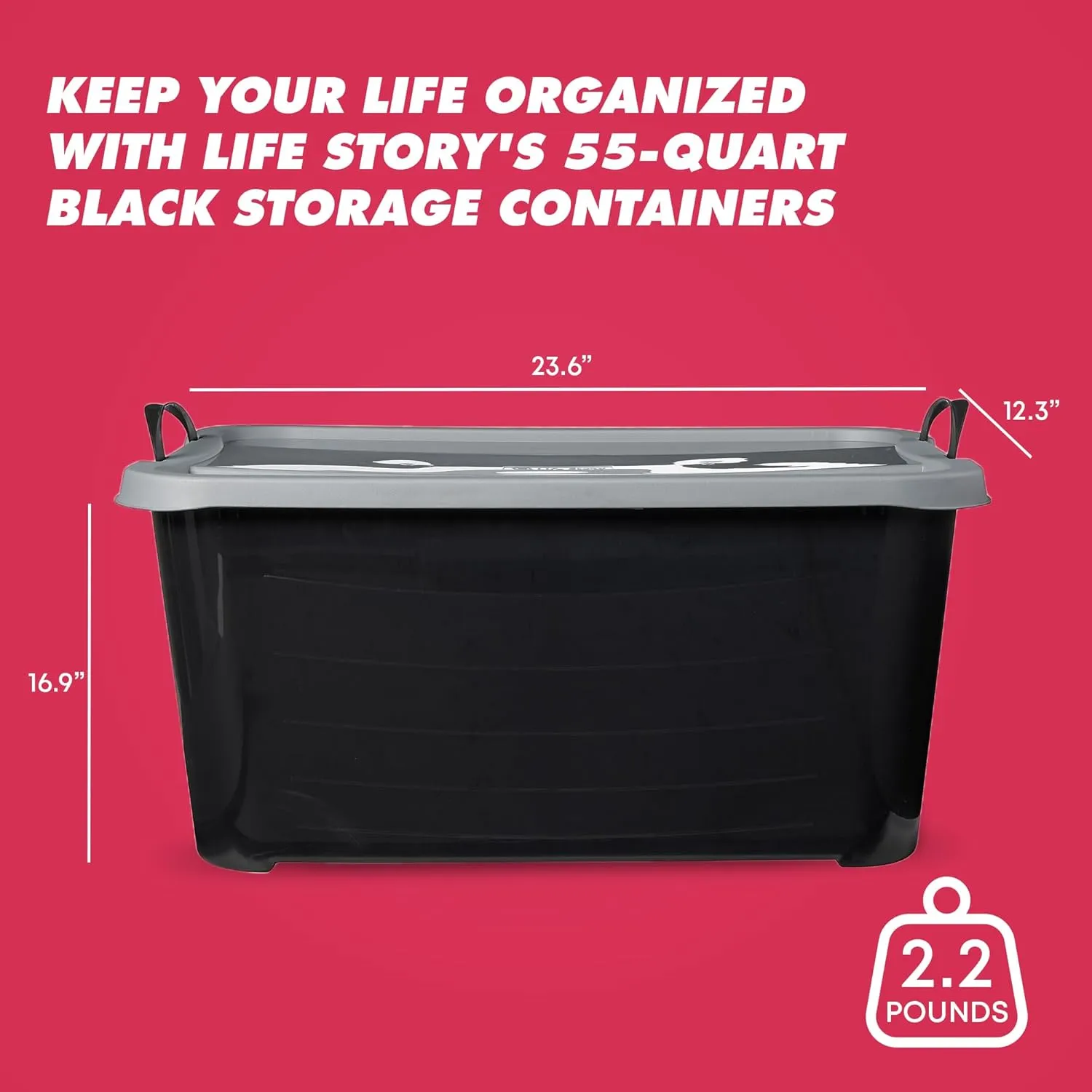 Life Story 6-Pack Plastic Storage Bins with Lids, Black & Gray, 55 Quart - Stackable, Heavy-Duty Tote Containers for Home, Garage or Moving, Secure Snap-Lock Lid & Built-In Handles for Easy Carrying