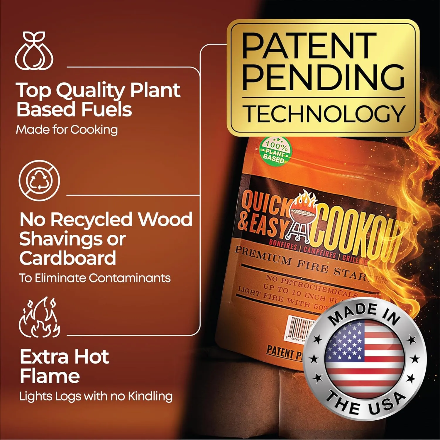 Light Wet/Frozen Logs in Windy Conditions & Start Fires with Zero Effort with Only Large Logs with Patent-Pending Starters | Plant-Based Fuels Only | for Fire Pit, Camping, Survival, Fireplace