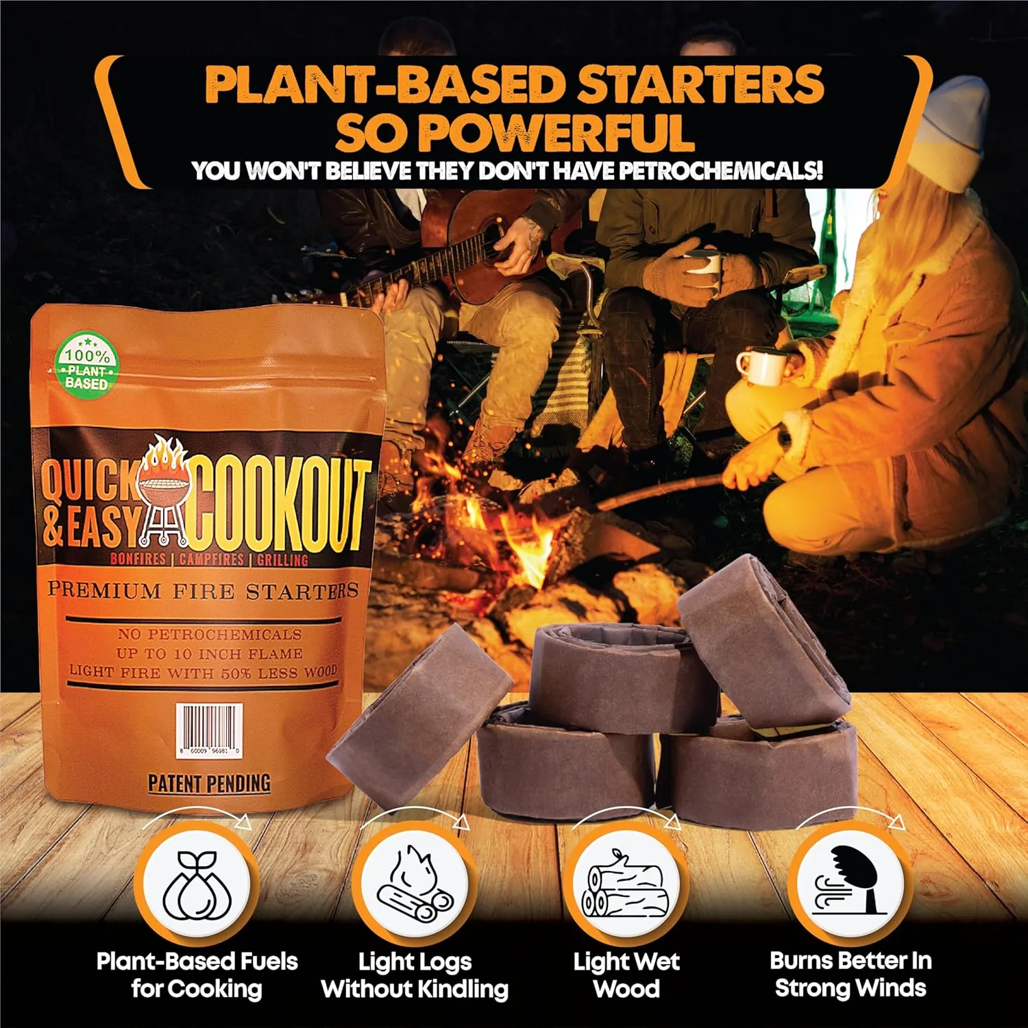 Light Wet/Frozen Logs in Windy Conditions & Start Fires with Zero Effort with Only Large Logs with Patent-Pending Starters | Plant-Based Fuels Only | for Fire Pit, Camping, Survival, Fireplace