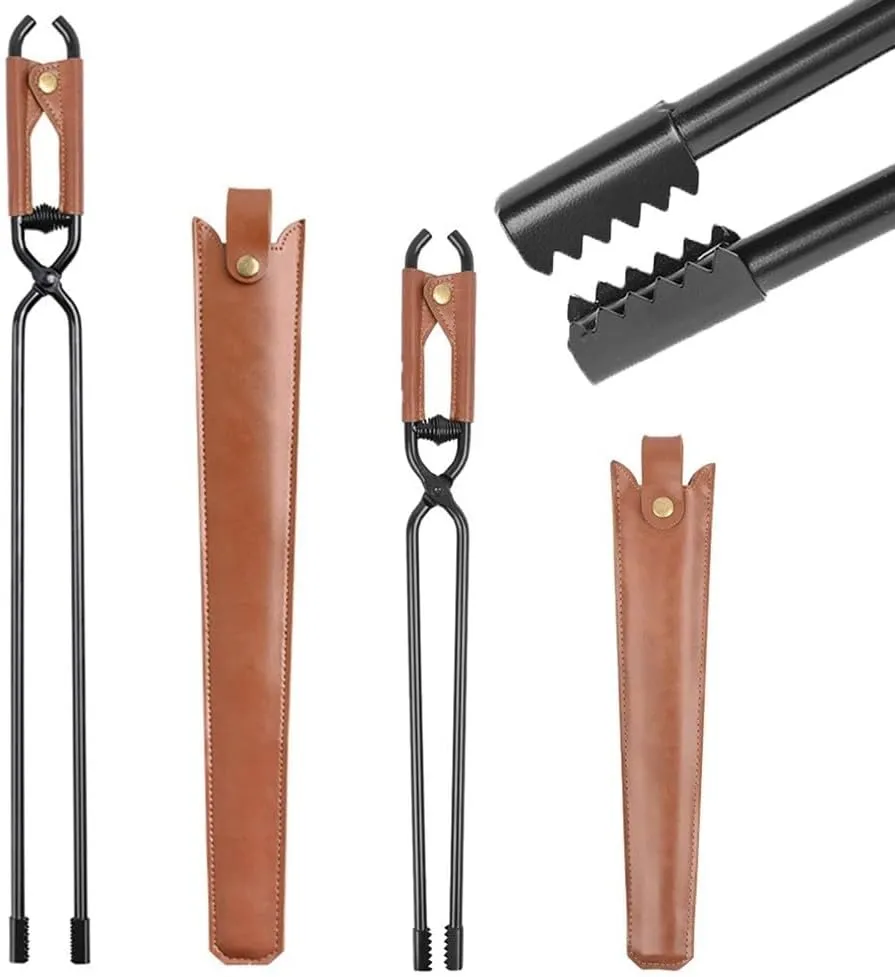 Lightweight Carbon Steel Fire Tongs With Power Assisted Spring Mechanism Essential For Picnic BBQs Outdoor Camping Grilling Portable with Leather case(L)