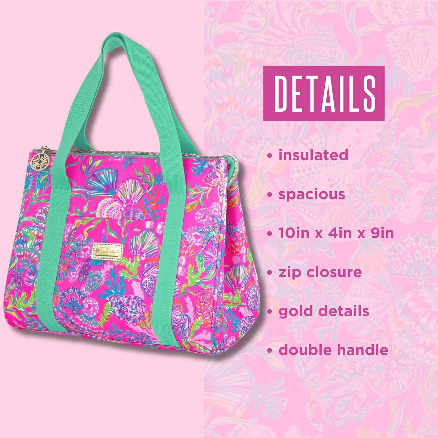 Lilly Pulitzer Cute Lunch Bag for Women, Large Capacity Insulated Tote Bag, Pink Mini Cooler with Storage Pocket and Shoulder Straps, Shell Me Something Good