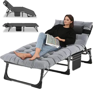 LILYPELLE Adjustable 4-Position Camping Cot, 500lbs, Folding Chaise with Pillow, Outdoor Portable Furniture for Adults, Cot Bed for Camping, Pool, Beach, Patio