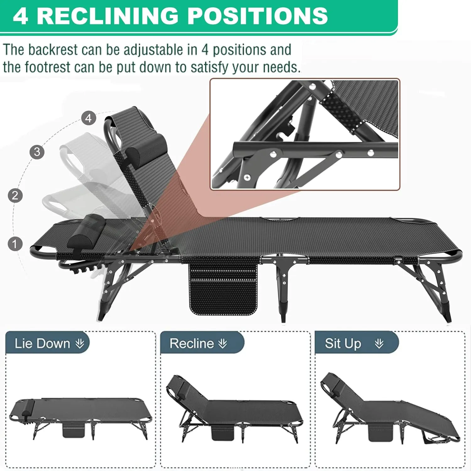 LILYPELLE Adjustable 4-Position Camping Cot, 500lbs, Folding Chaise with Pillow, Outdoor Portable Furniture for Adults, Cot Bed for Camping, Pool, Beach, Patio