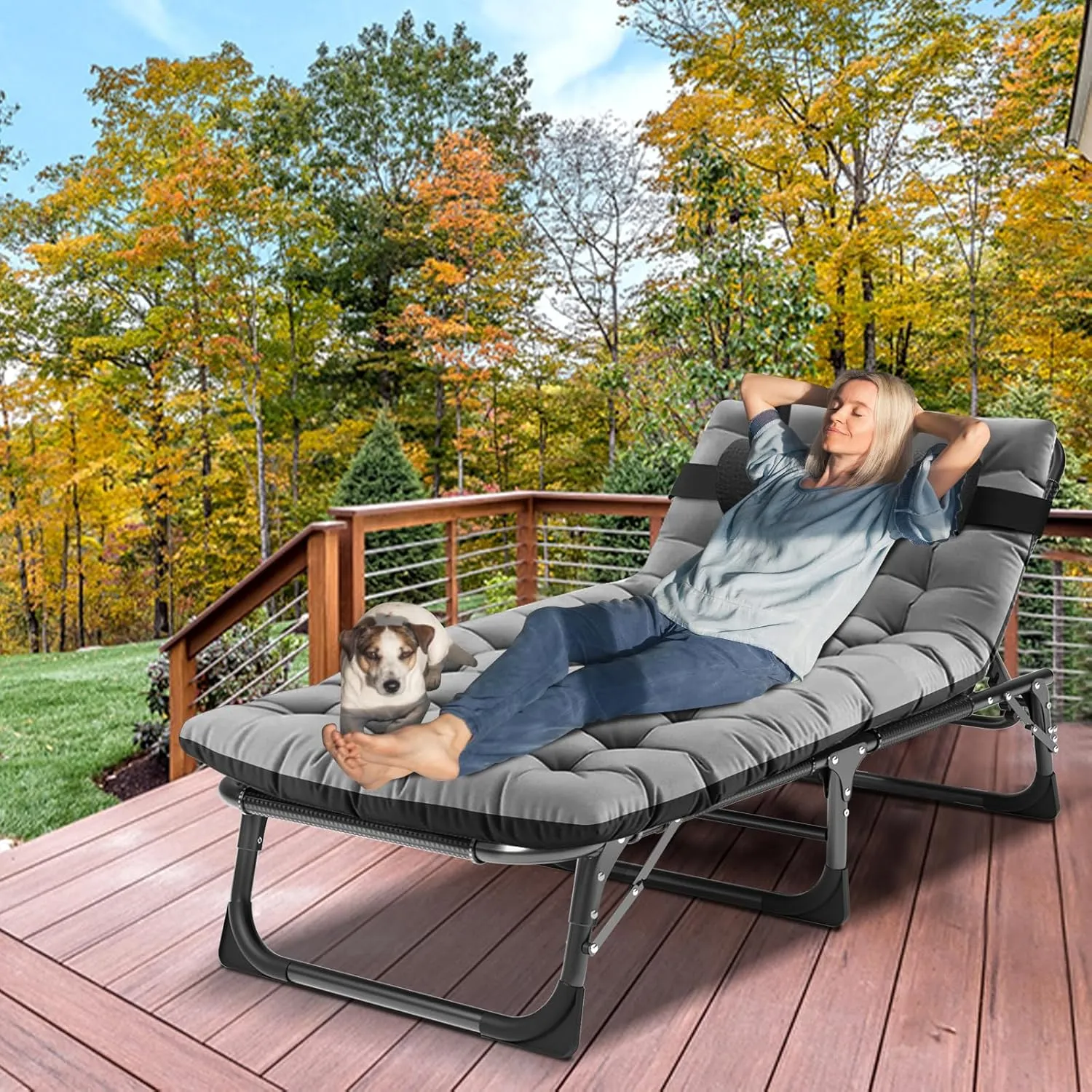 LILYPELLE Adjustable 4-Position Camping Cot, 500lbs, Folding Chaise with Pillow, Outdoor Portable Furniture for Adults, Cot Bed for Camping, Pool, Beach, Patio