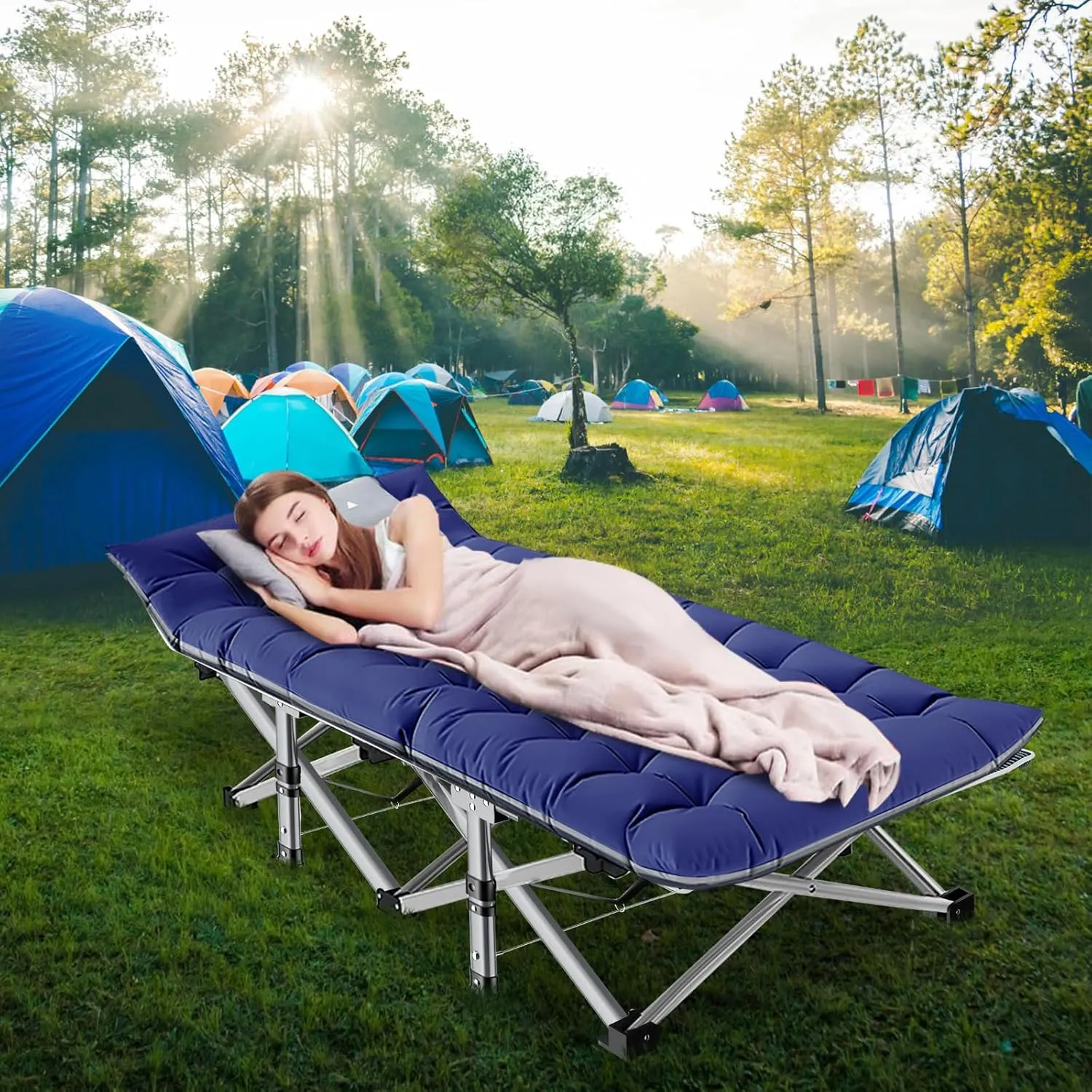 LILYPELLE Folding Camping Cot, Heavy Duty Sleeping Cots with Carry Bag, Double Layer Oxford Portable Travel Camp Cots for Home, Office Nap and Outdoor Beach