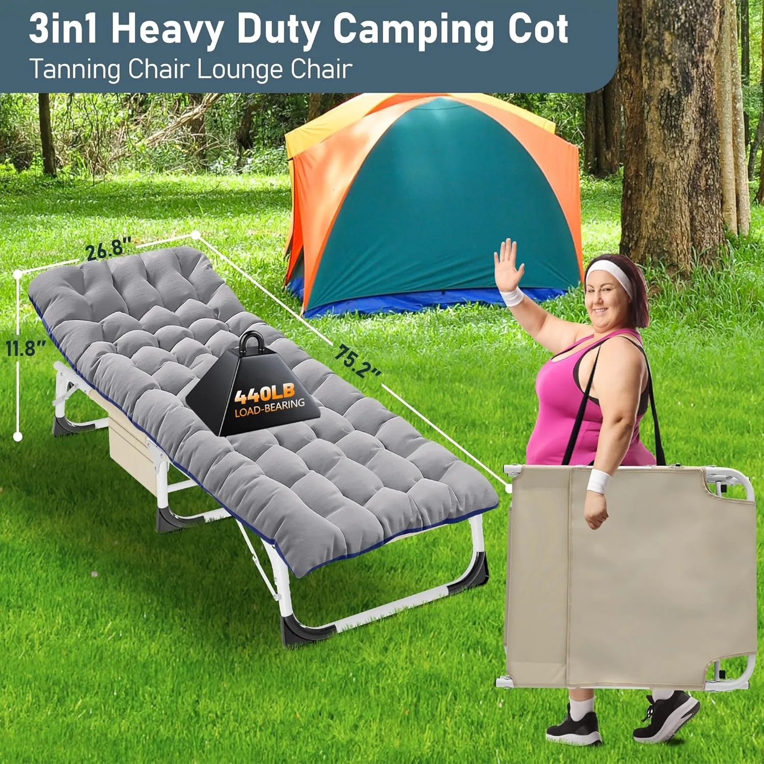 LILYPELLE Portable Folding Camping Cot, Adjustable 5-Position Face Down Folding Chaise Lounge Chairs, Outdoor Portable Folding Bed Sleeping Cot for Camping, Pool, Beach, Patio