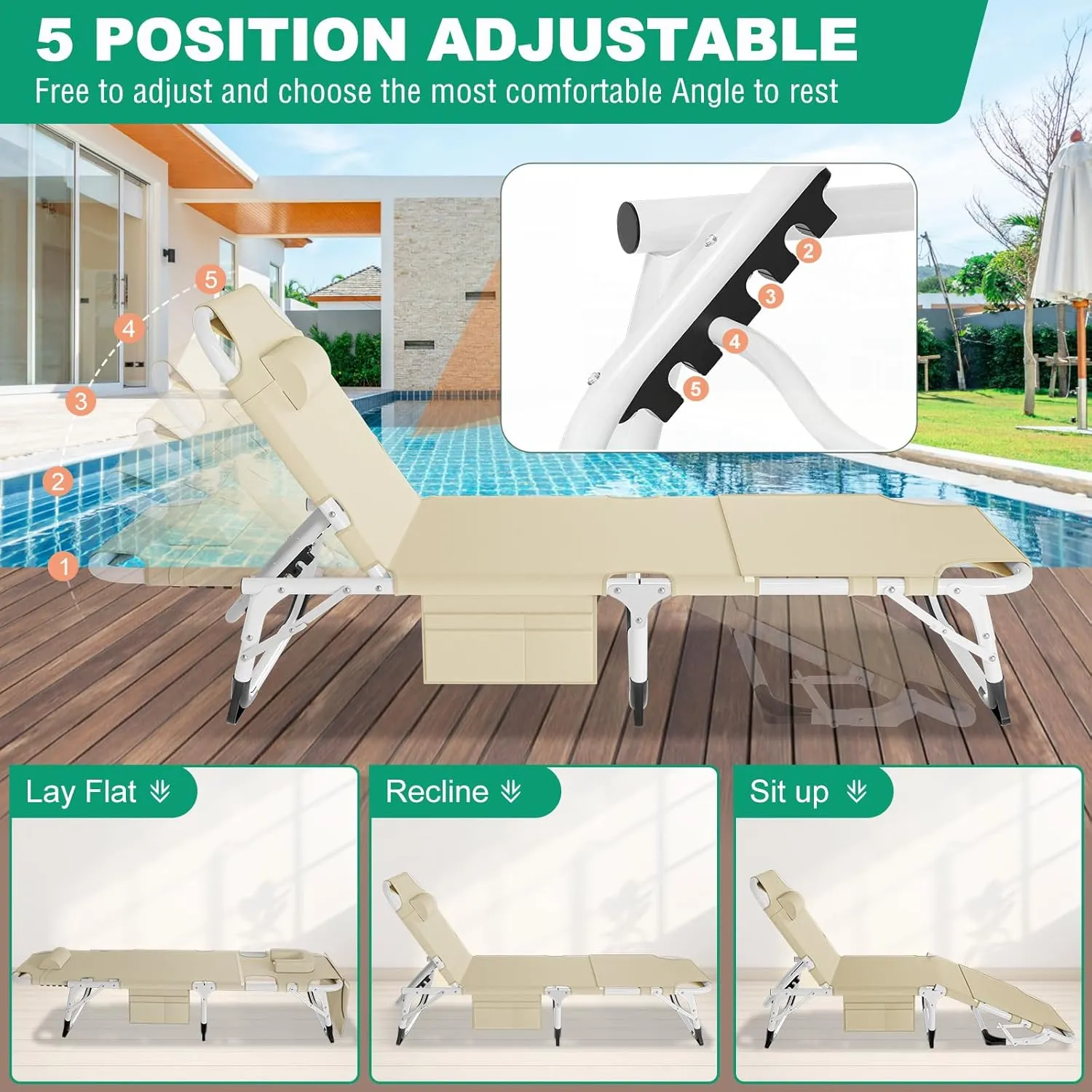 LILYPELLE Portable Folding Camping Cot, Adjustable 5-Position Face Down Folding Chaise Lounge Chairs, Outdoor Portable Folding Bed Sleeping Cot for Camping, Pool, Beach, Patio