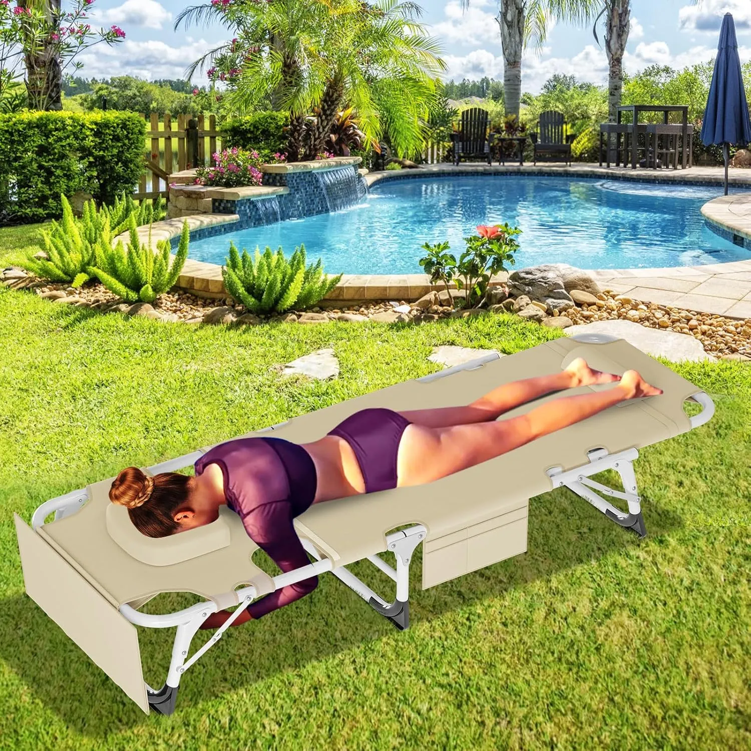 LILYPELLE Portable Folding Camping Cot, Adjustable 5-Position Face Down Folding Chaise Lounge Chairs, Outdoor Portable Folding Bed Sleeping Cot for Camping, Pool, Beach, Patio