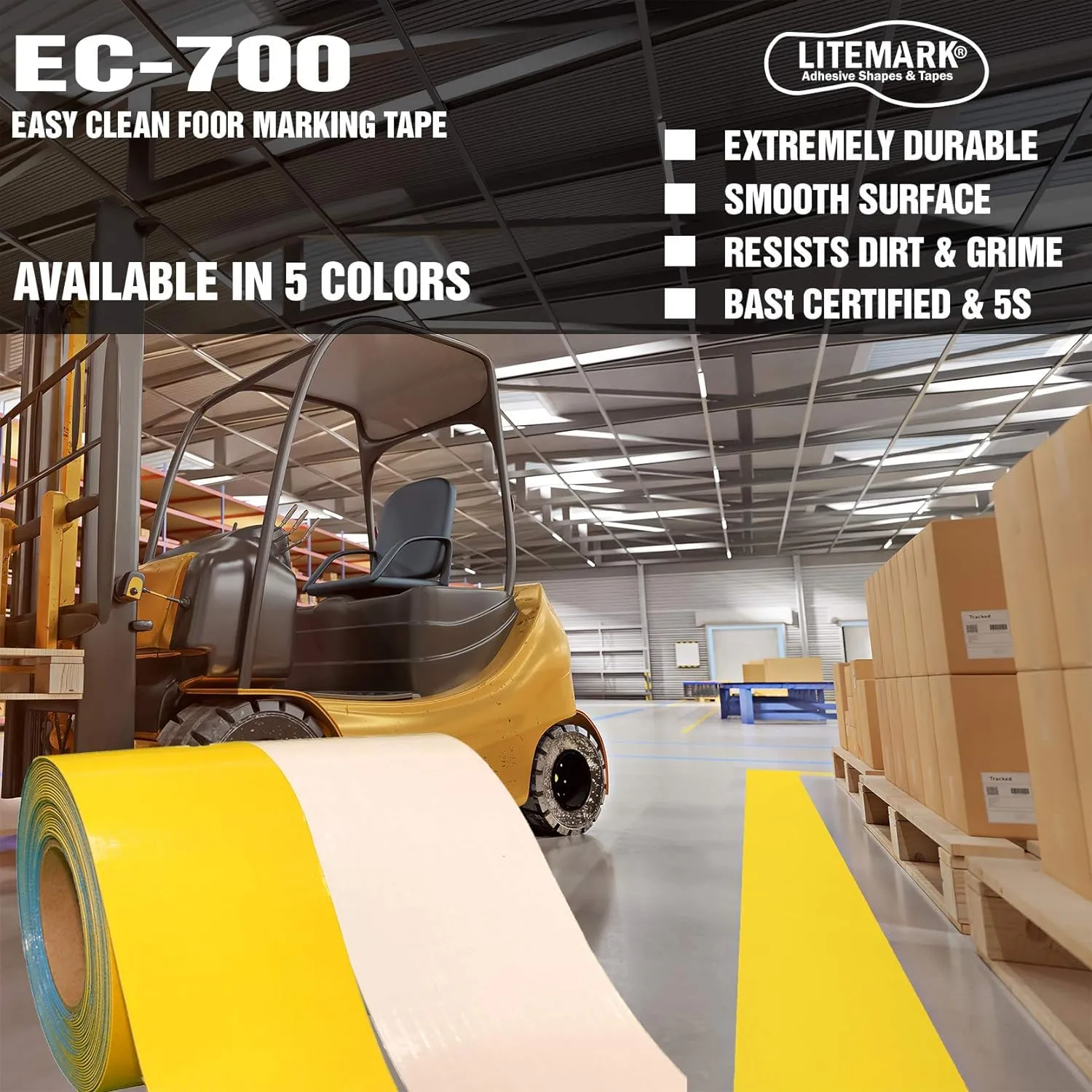 LiteMark Smooth Floor Marking Tape, EC-700 Heavy Duty Thick, Easy to Keep Clean, Warehouse, Yellow (3 Inch X 18 Feet)