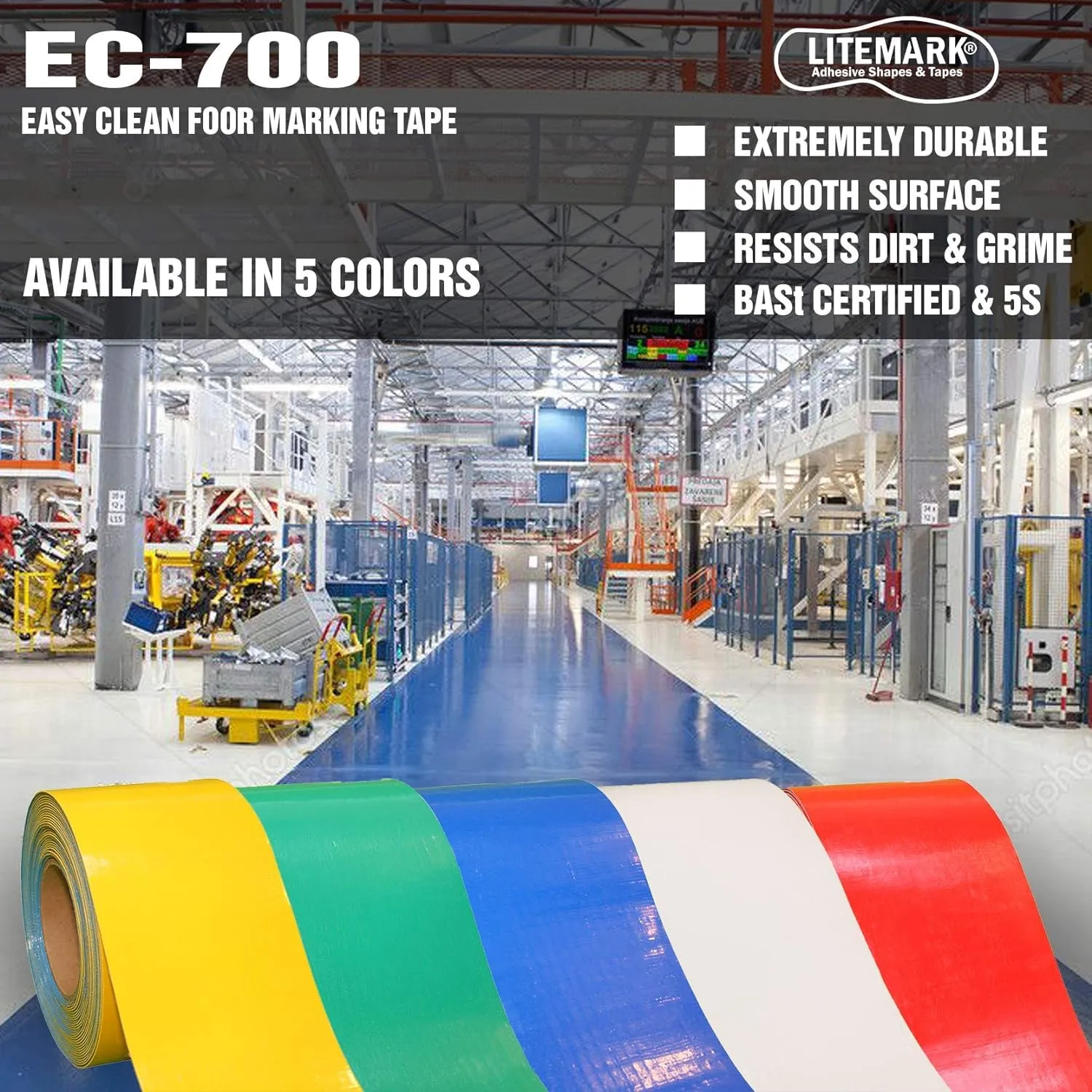 LiteMark Smooth Floor Marking Tape, EC-700 Heavy Duty Thick, Easy to Keep Clean, Warehouse, Yellow (3 Inch X 18 Feet)
