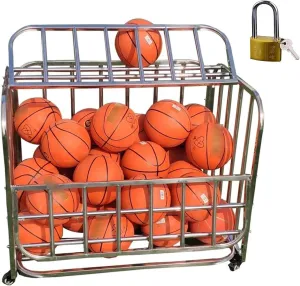 Lockable Ball Storage Cart, Basketball Storage Bin for Indoor Outdoor/Metal Rolling Sports Ball Organizer Stand, Exercise Ball Holder for Gym School Club