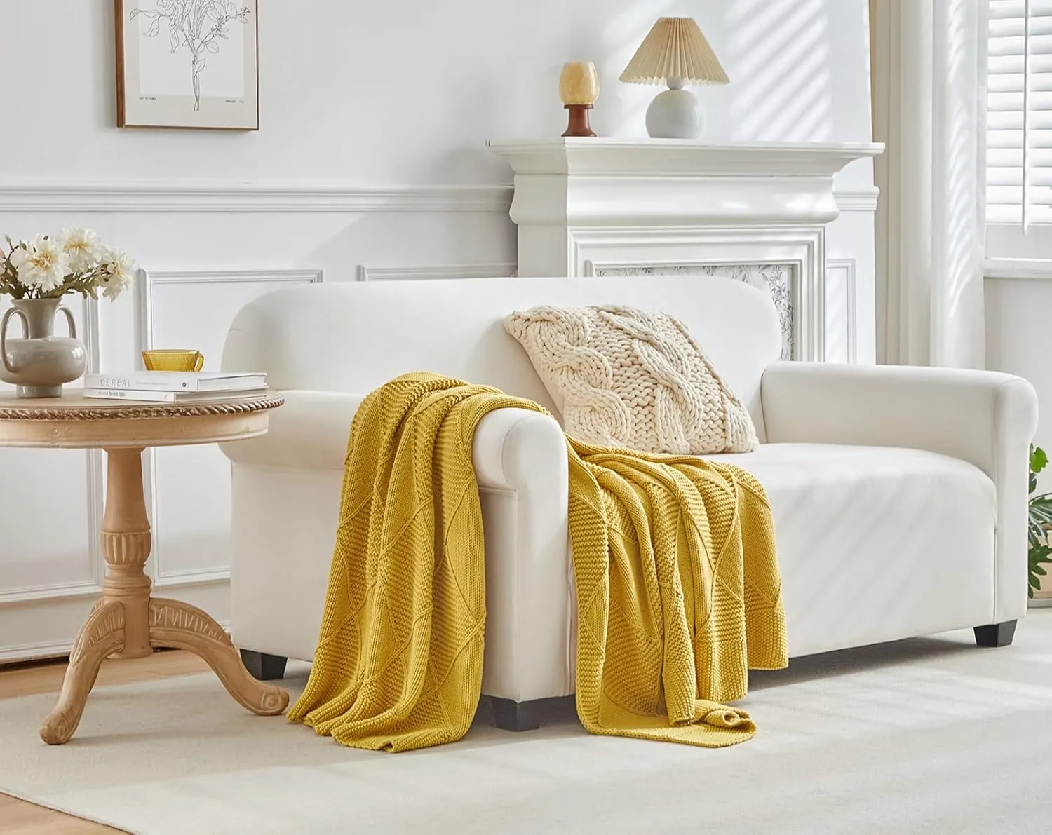 Longhui bedding 100% Natural Cotton Chunky Knit Throw Blanket for Couch, Sofa, Bed and Chair, Alternating Diamond Pattern, 60 x 80 Inches, Laundry Bag Included Mustard Yellow