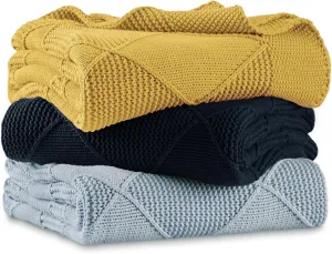 Longhui bedding 100% Natural Cotton Chunky Knit Throw Blanket for Couch, Sofa, Bed and Chair, Alternating Diamond Pattern, 60 x 80 Inches, Laundry Bag Included Mustard Yellow