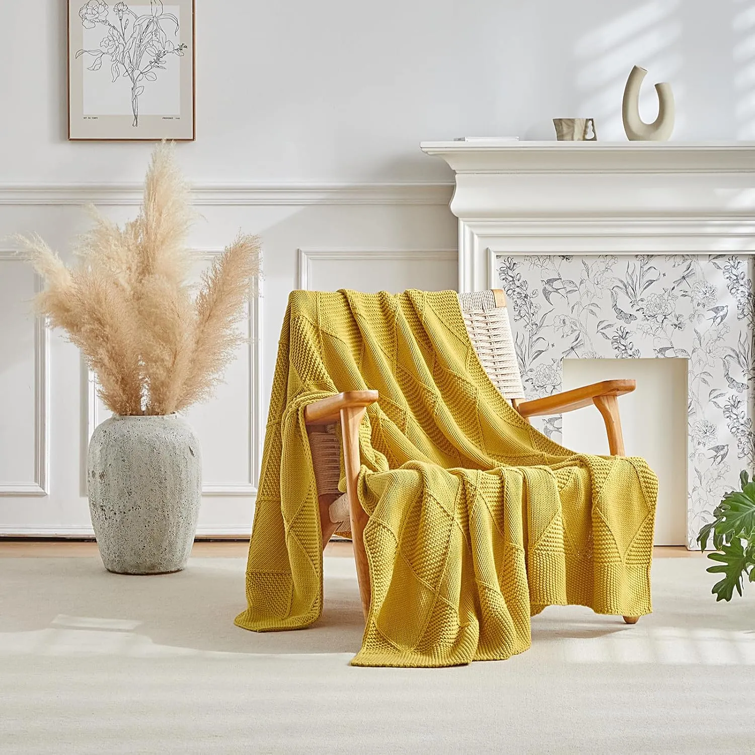 Longhui bedding 100% Natural Cotton Chunky Knit Throw Blanket for Couch, Sofa, Bed and Chair, Alternating Diamond Pattern, 60 x 80 Inches, Laundry Bag Included Mustard Yellow