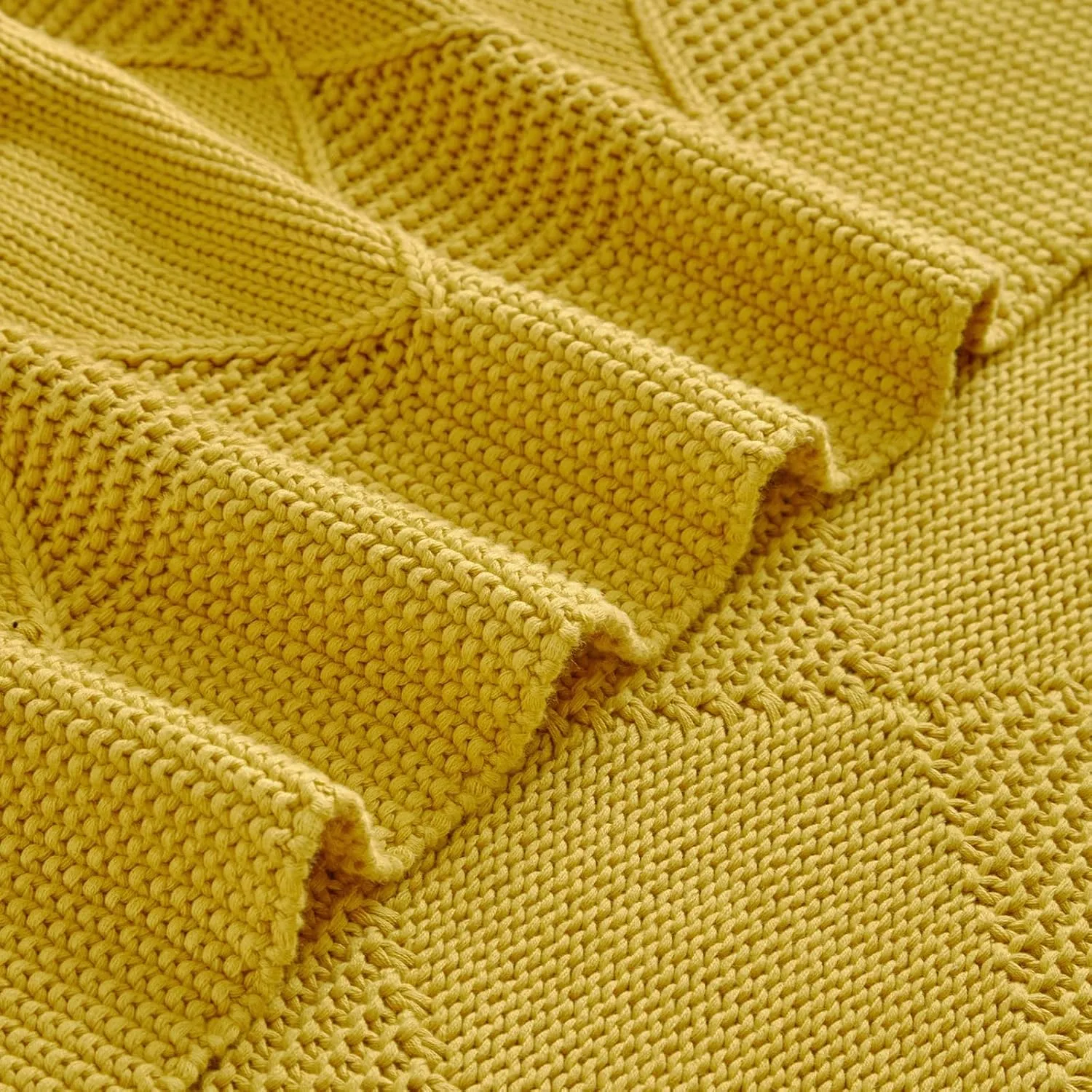 Longhui bedding 100% Natural Cotton Chunky Knit Throw Blanket for Couch, Sofa, Bed and Chair, Alternating Diamond Pattern, 60 x 80 Inches, Laundry Bag Included Mustard Yellow