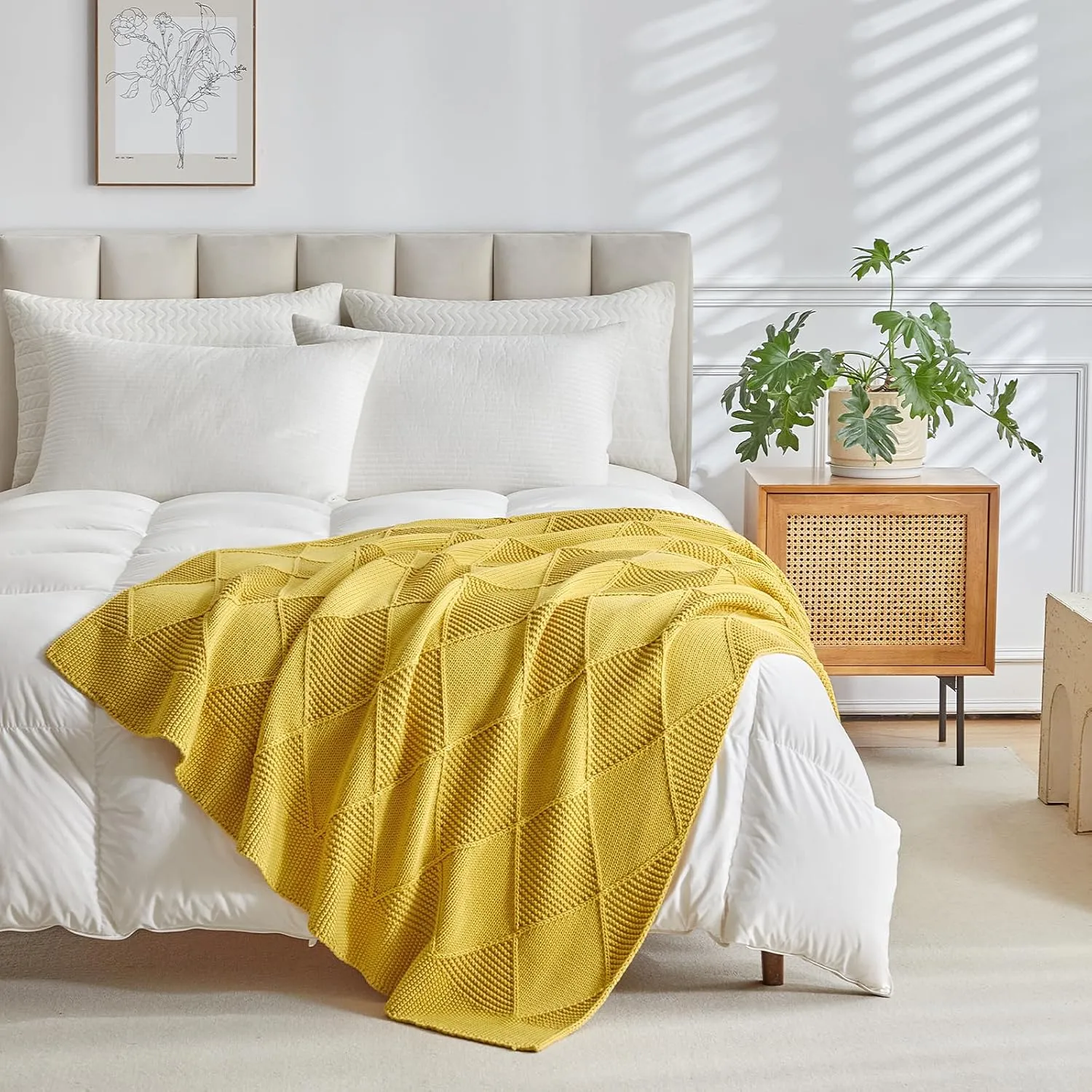 Longhui bedding 100% Natural Cotton Chunky Knit Throw Blanket for Couch, Sofa, Bed and Chair, Alternating Diamond Pattern, 60 x 80 Inches, Laundry Bag Included Mustard Yellow