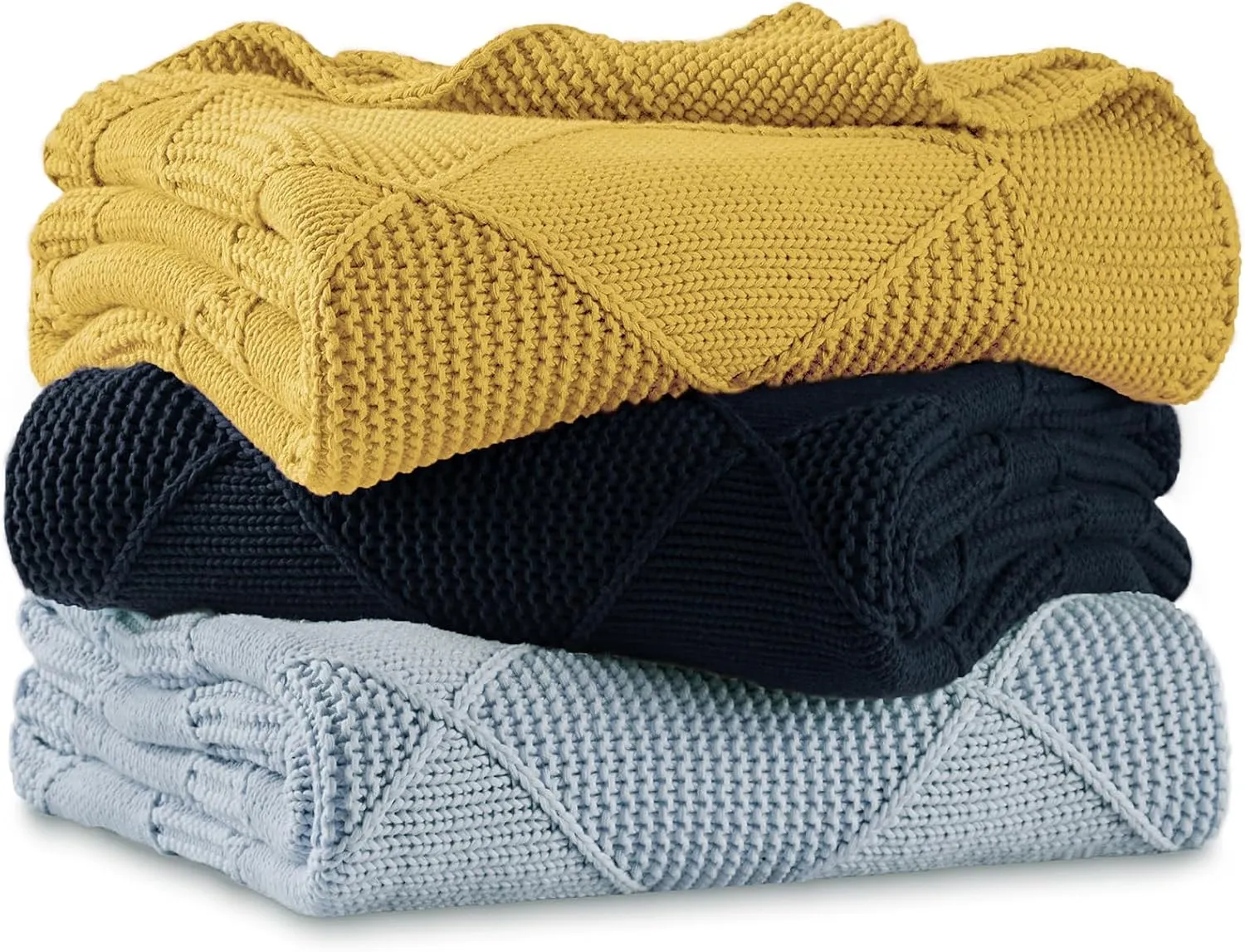 Longhui bedding 100% Natural Cotton Chunky Knit Throw Blanket for Couch, Sofa, Bed and Chair, Alternating Diamond Pattern, 60 x 80 Inches, Laundry Bag Included Mustard Yellow