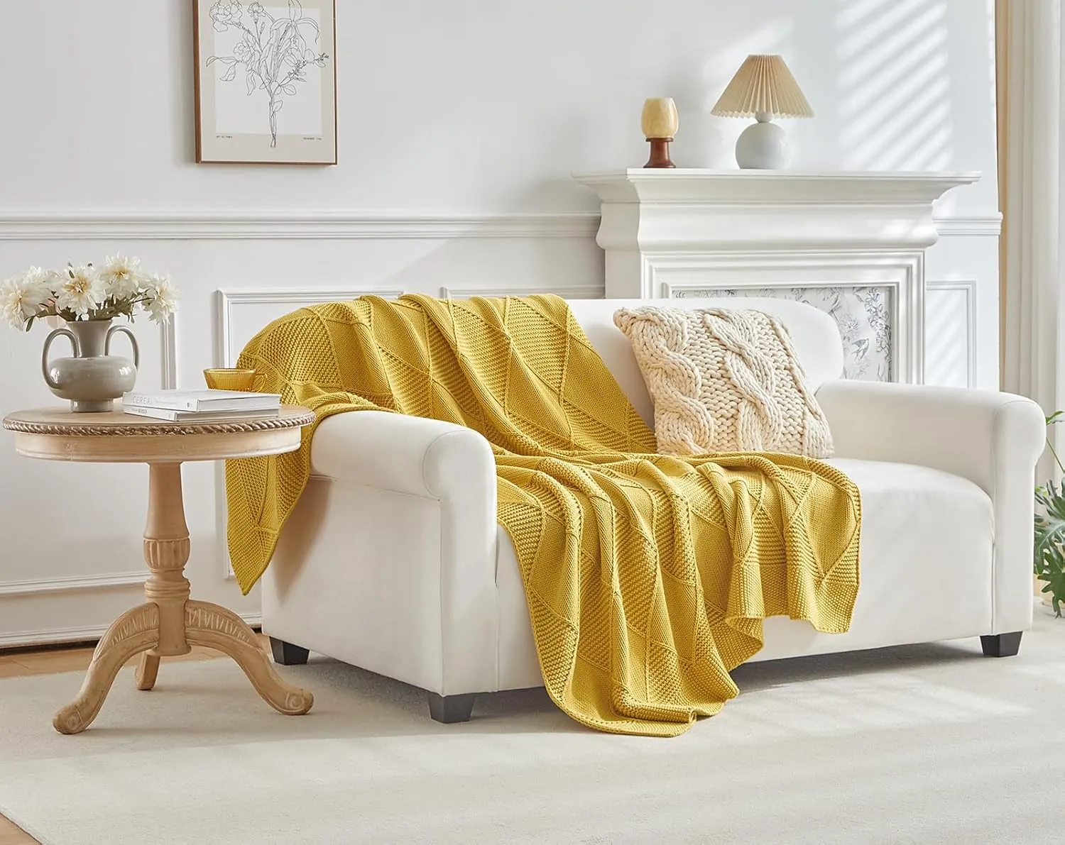 Longhui bedding 100% Natural Cotton Chunky Knit Throw Blanket for Couch, Sofa, Bed and Chair, Alternating Diamond Pattern, 60 x 80 Inches, Laundry Bag Included Mustard Yellow
