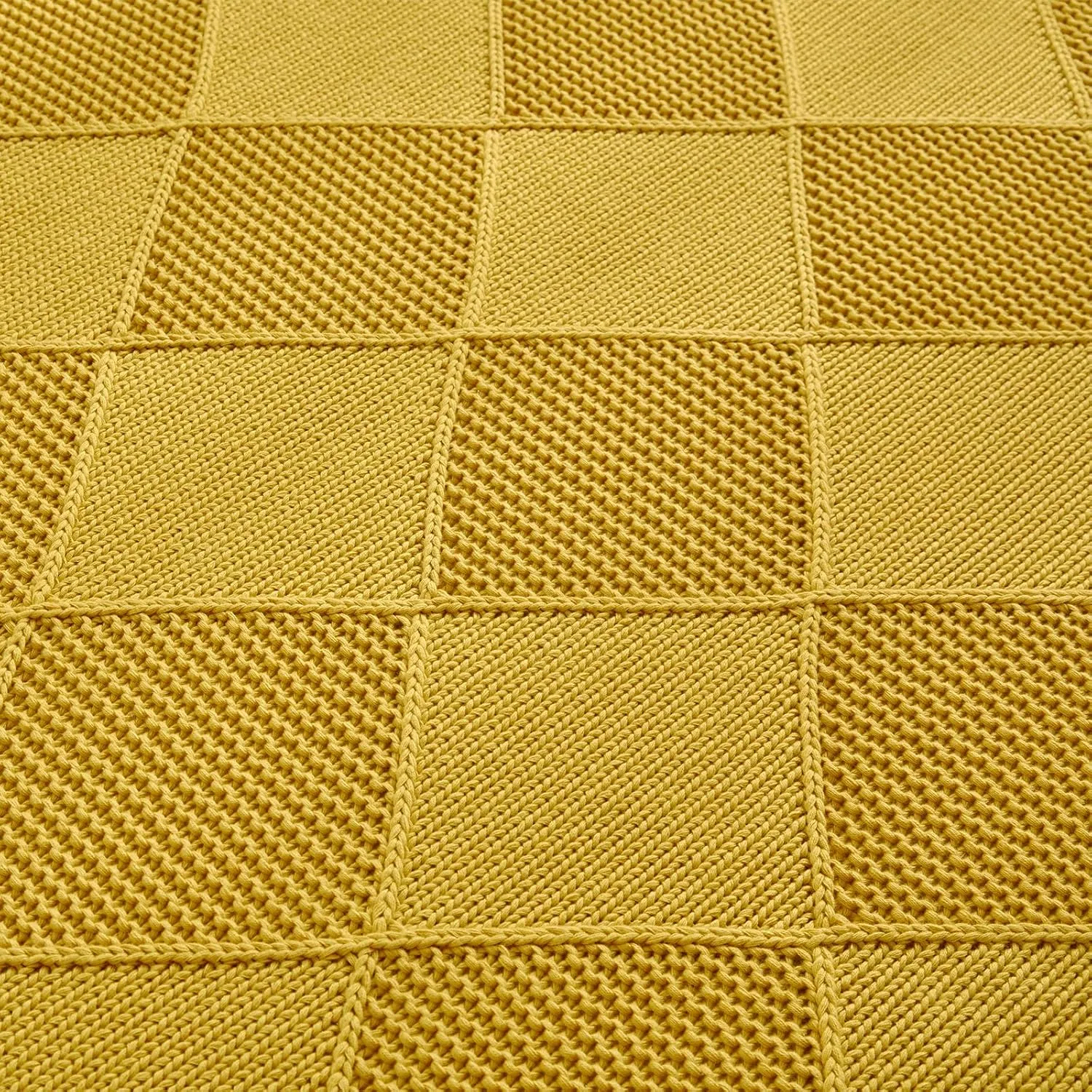 Longhui bedding 100% Natural Cotton Chunky Knit Throw Blanket for Couch, Sofa, Bed and Chair, Alternating Diamond Pattern, 60 x 80 Inches, Laundry Bag Included Mustard Yellow