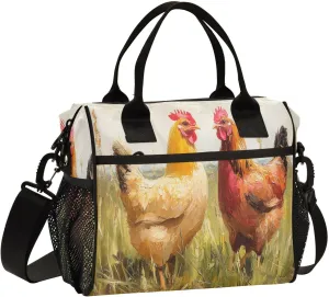 Lunch Bag Chickens Grassy Field Oil Pattern Women Men Adult Reusable Leakproof Large Spacious Cooler Tote Insulated Lunch Box for Work Office Travel Picnic, Medium