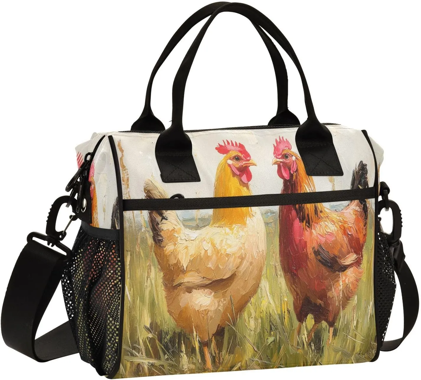 Lunch Bag Chickens Grassy Field Oil Pattern Women Men Adult Reusable Leakproof Large Spacious Cooler Tote Insulated Lunch Box for Work Office Travel Picnic, Medium