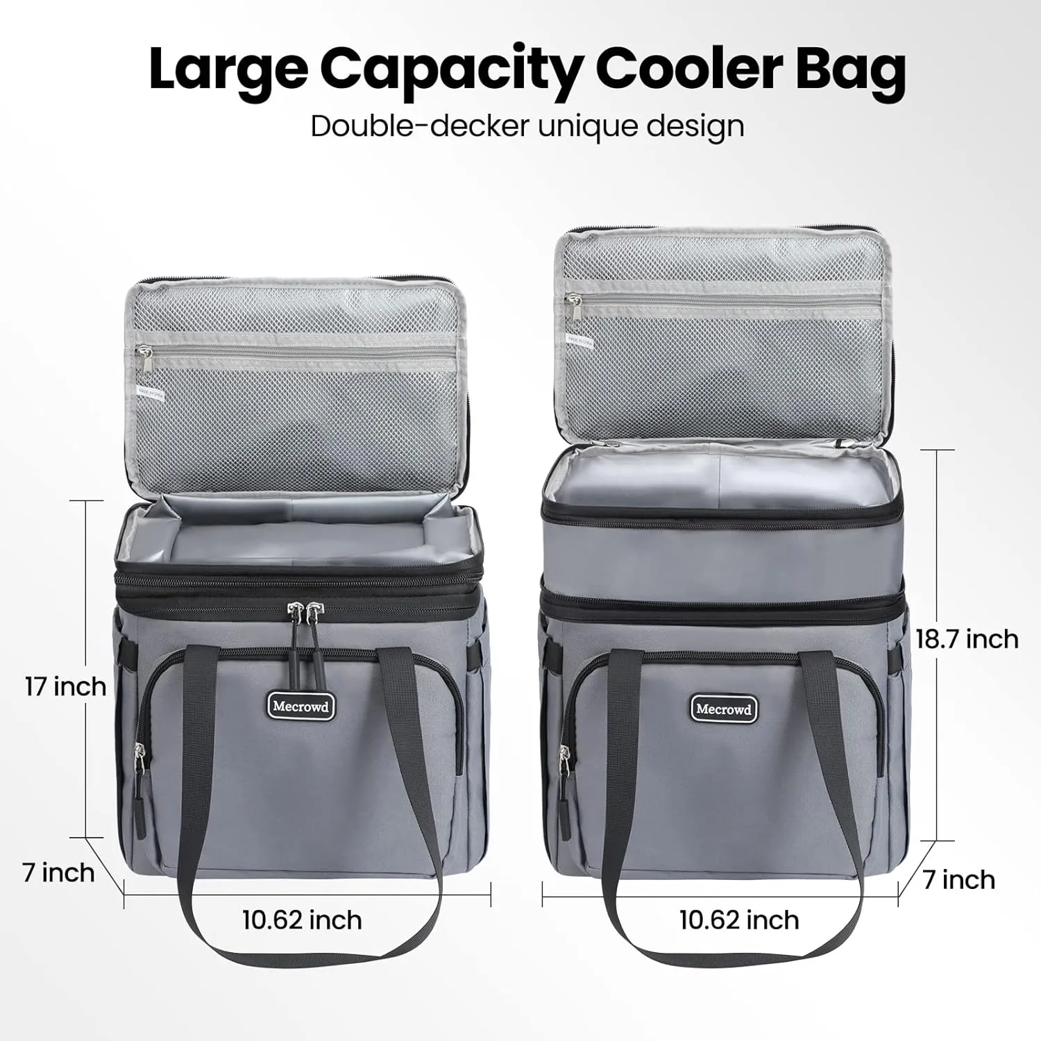 Lunch Bag for Women Men Cooler Bag Double Deck Lunch Box, Leakproof Insulated Soft Large Lunch Cooler Bag with Adjustable Shoulder Strap for Beach Travel Picnic (Grey)